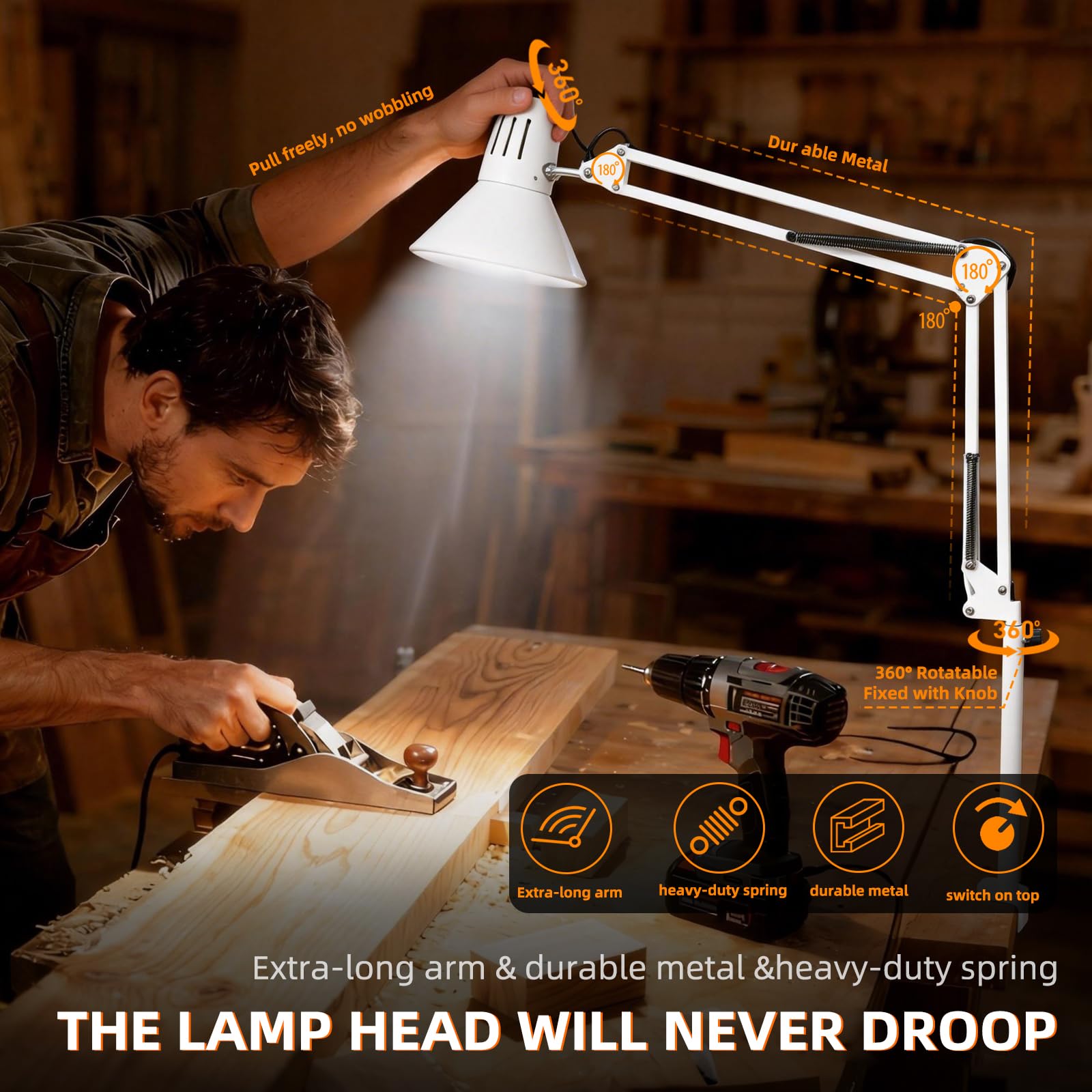 LED Desk Lamp Dimmable with Clamp, Eye-Caring Clip on Lights for Home Office, 3 Adjustable Color Temperature,Extra Tall Metal Swing Arm, High Intensity Clamp wA19 E26 Bulb for Working Reading, White