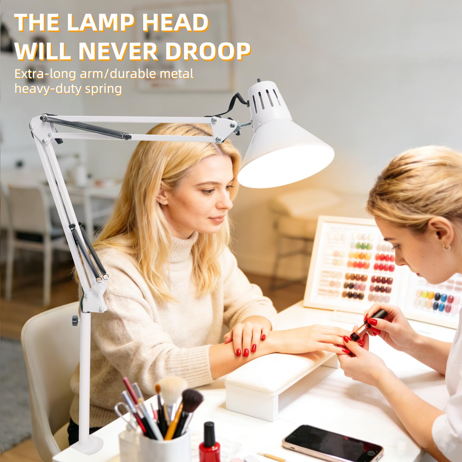 LED Desk Lamp Dimmable with Clamp, Eye-Caring Clip on Lights for Home Office, 3 Adjustable Color Temperature,Extra Tall Metal Swing Arm, High Intensity Clamp wA19 E26 Bulb for Working Reading, White