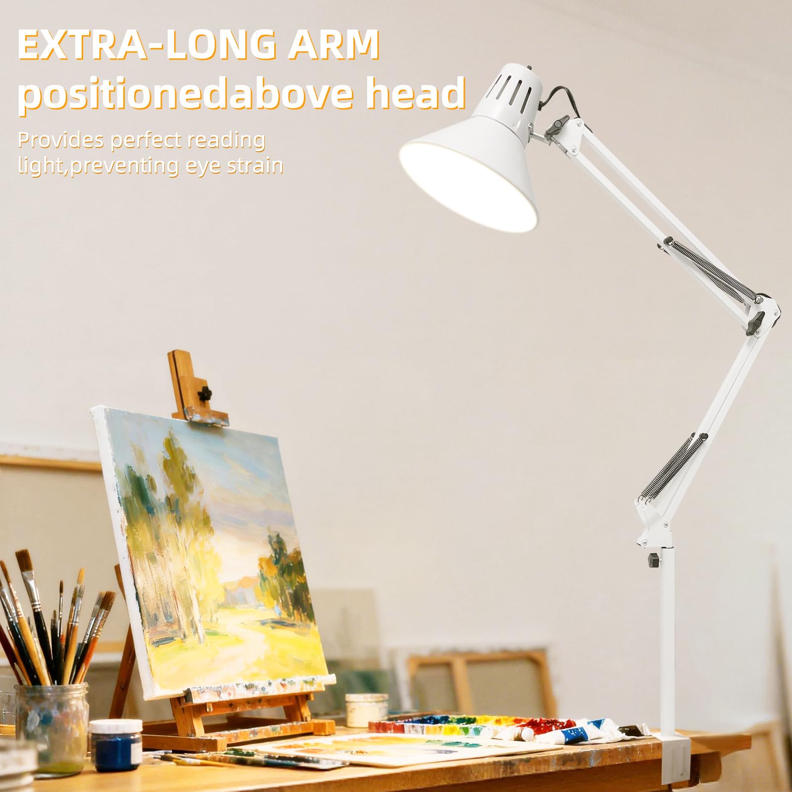 LED Desk Lamp Dimmable with Clamp, Eye-Caring Clip on Lights for Home Office, 3 Adjustable Color Temperature,Extra Tall Metal Swing Arm, High Intensity Clamp wA19 E26 Bulb for Working Reading, White