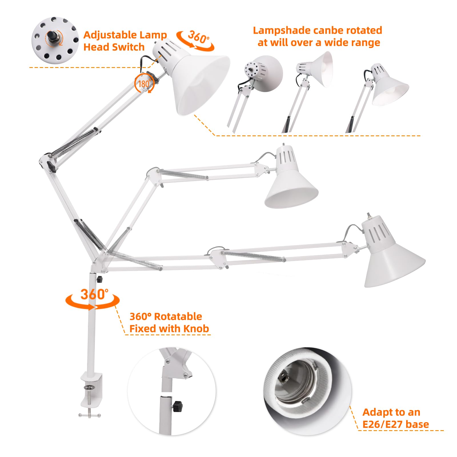 LED Desk Lamp Dimmable with Clamp, Eye-Caring Clip on Lights for Home Office, 3 Adjustable Color Temperature,Extra Tall Metal Swing Arm, High Intensity Clamp wA19 E26 Bulb for Working Reading, White