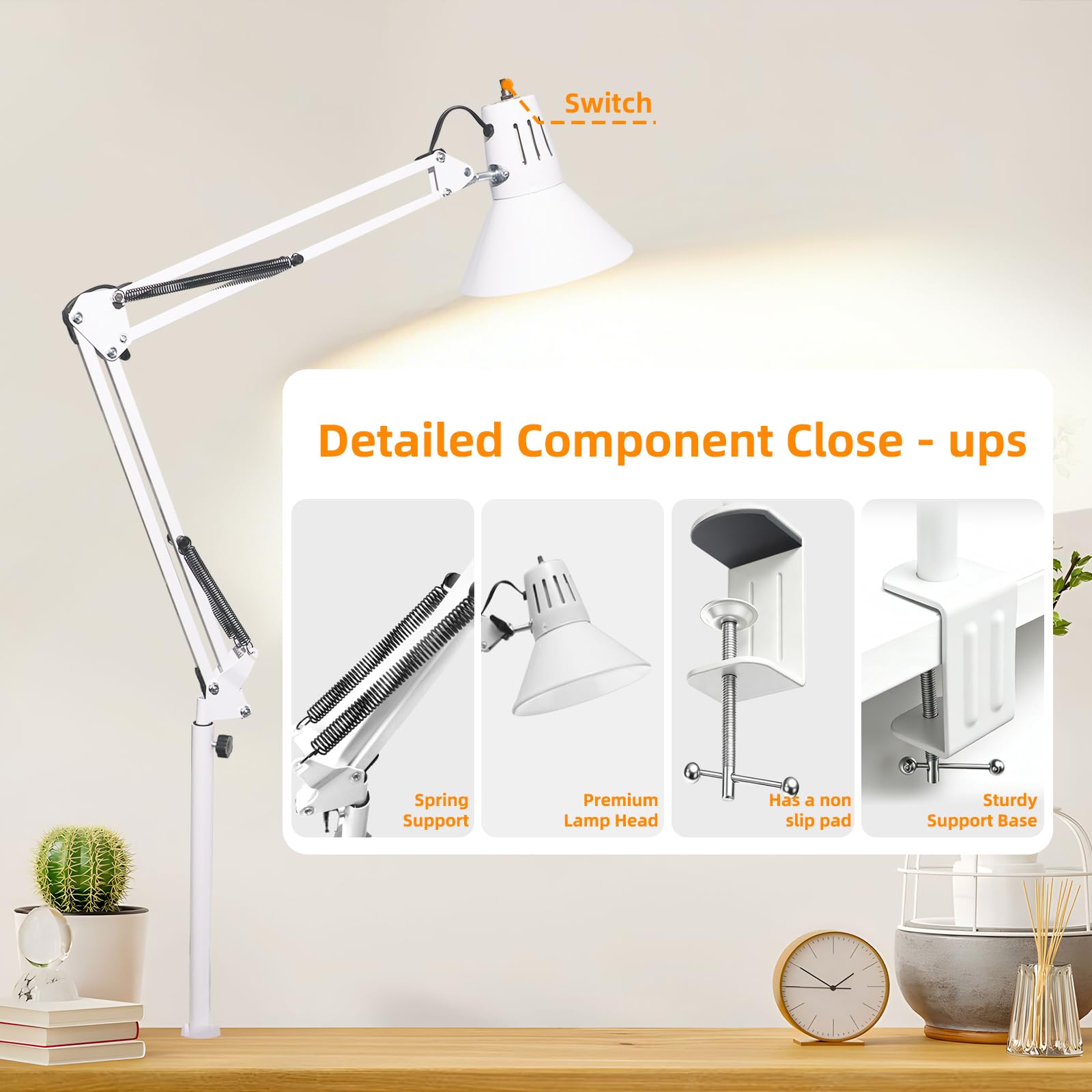 2 Pack Desk Lamp With Clamp for Home Office, Eye-Caring Clip on Light with Adjustable Extra Tall Metal Swing Arm, High Intensity Clamp Lamp w/LED Bulb, Architect Task Table Lamps for Study, Workbench-W/5000k