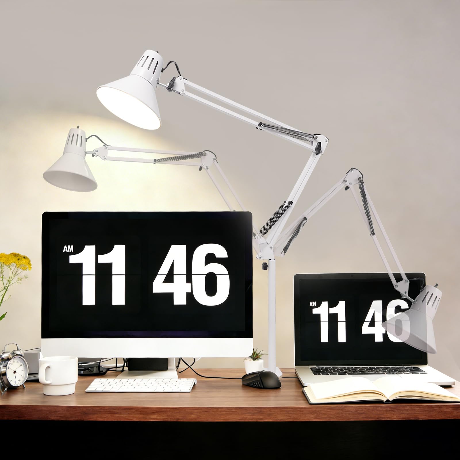 2 Pack Desk Lamp With Clamp for Home Office, Eye-Caring Clip on Light with Adjustable Extra Tall Metal Swing Arm, High Intensity Clamp Lamp w/LED Bulb, Architect Task Table Lamps for Study, Workbench-W/5000k