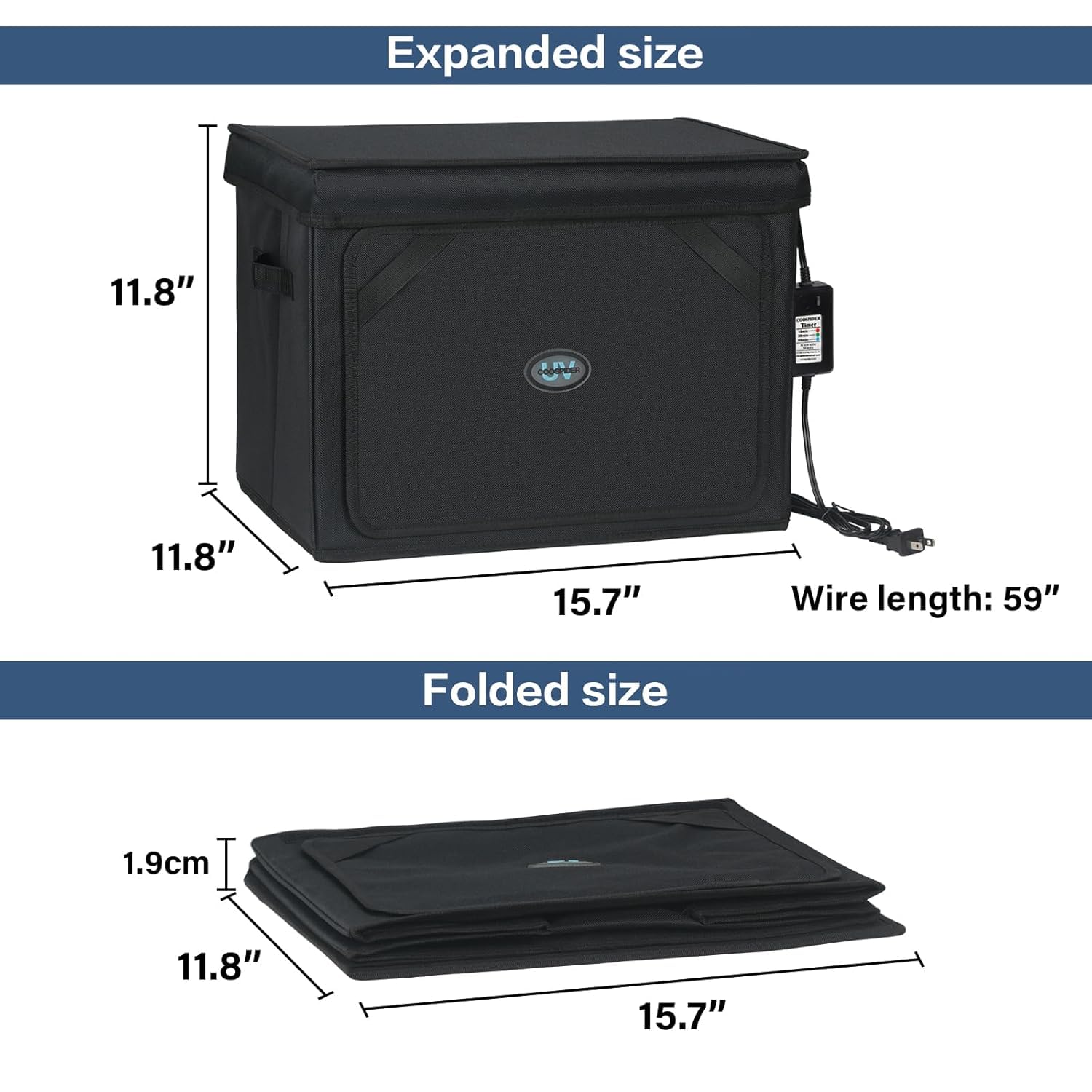 Large UVC Sanitizer Box Ozone Free, Foldable Cleaner Bag with Timer, 36L9.5gal UV Light Bulb Black Tote for Shoes, Cell Phone, Baby Bottle, Key, Towel