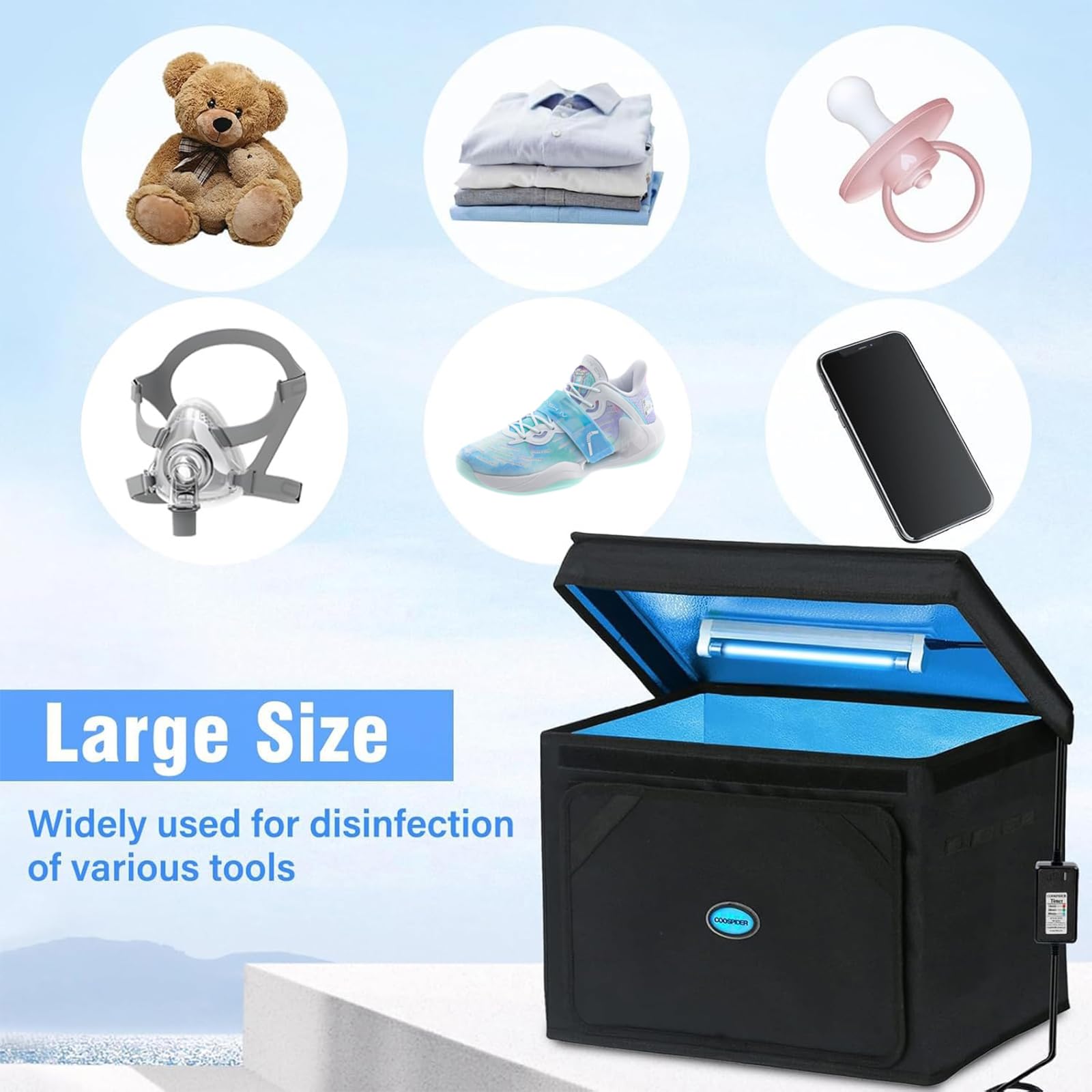 Large UVC Sanitizer Box Ozone Free, Foldable Cleaner Bag with Timer, 36L9.5gal UV Light Bulb Black Tote for Shoes, Cell Phone, Baby Bottle, Key, Towel