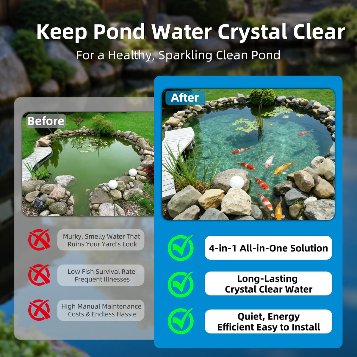Pond Filter Fountain Kit with Powerful 18W UV Light for Koi Pond Algae Control, 660 GPH 42W High-Performance Pump Build in for 1500 Gallon Pond, 3 Water Patterns Decoration for Your Pond Landscape