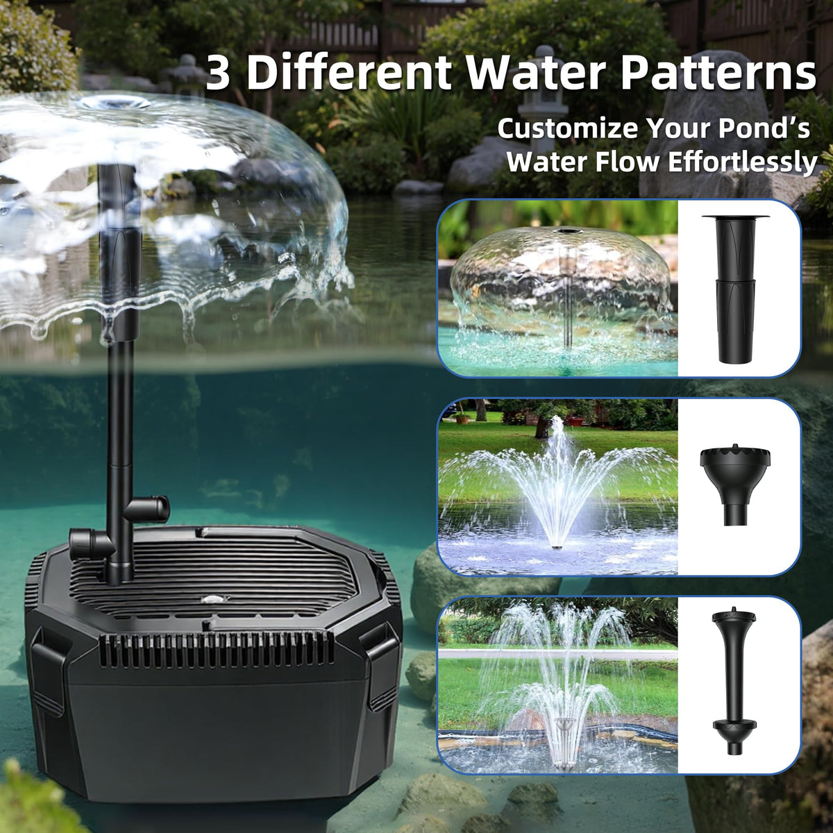 Pond Filter Fountain Kit with Powerful 18W UV Light for Koi Pond Algae Control, 660 GPH 42W High-Performance Pump Build in for 1500 Gallon Pond, 3 Water Patterns Decoration for Your Pond Landscape