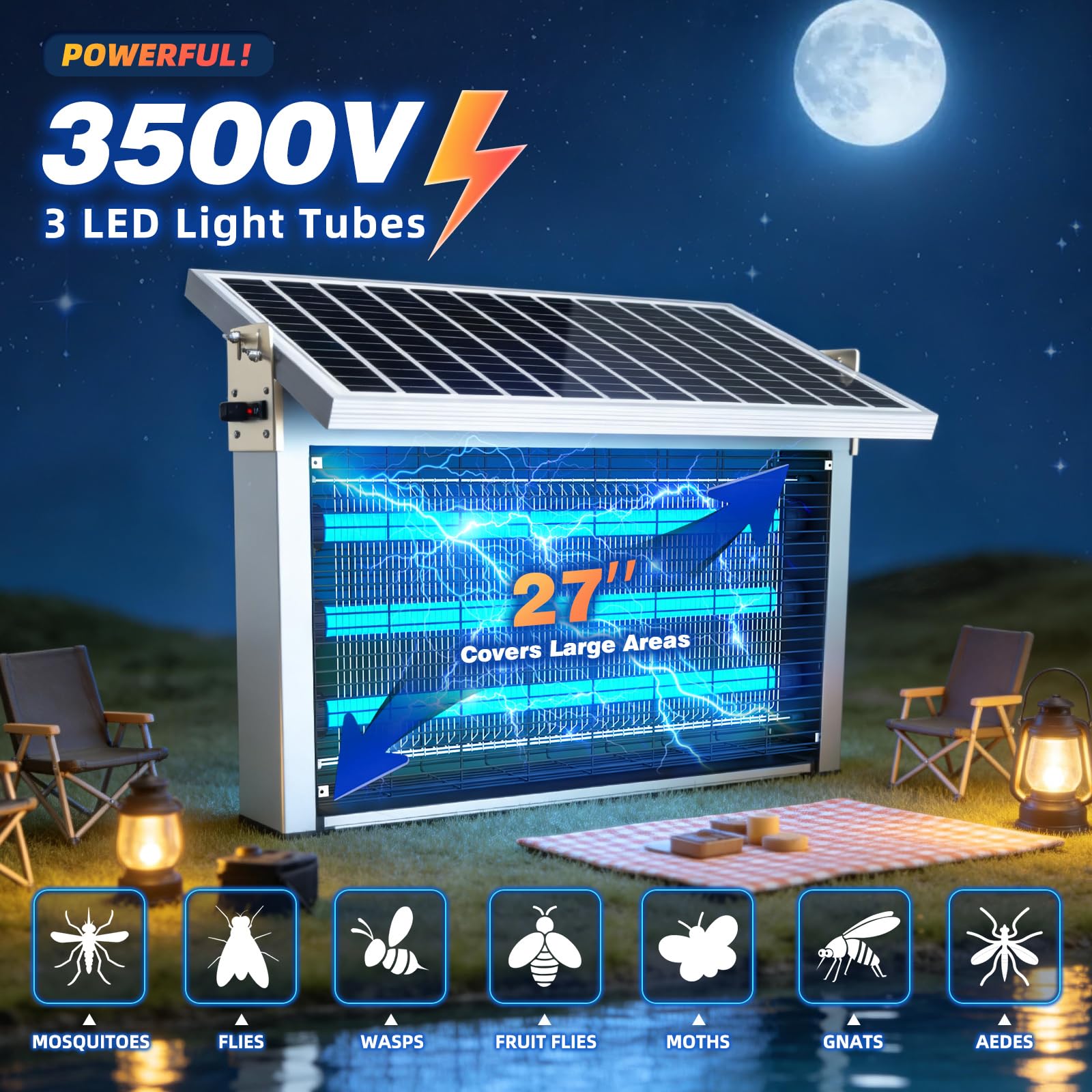 Powerful Large Solar Bug Zapper Outdoor for 12 Acre, Poartable Rechargeable Mosquito Zapper with High Powered, Cordless Solar Fly Zapper for Patio Garden Backyard Farm Pest Control