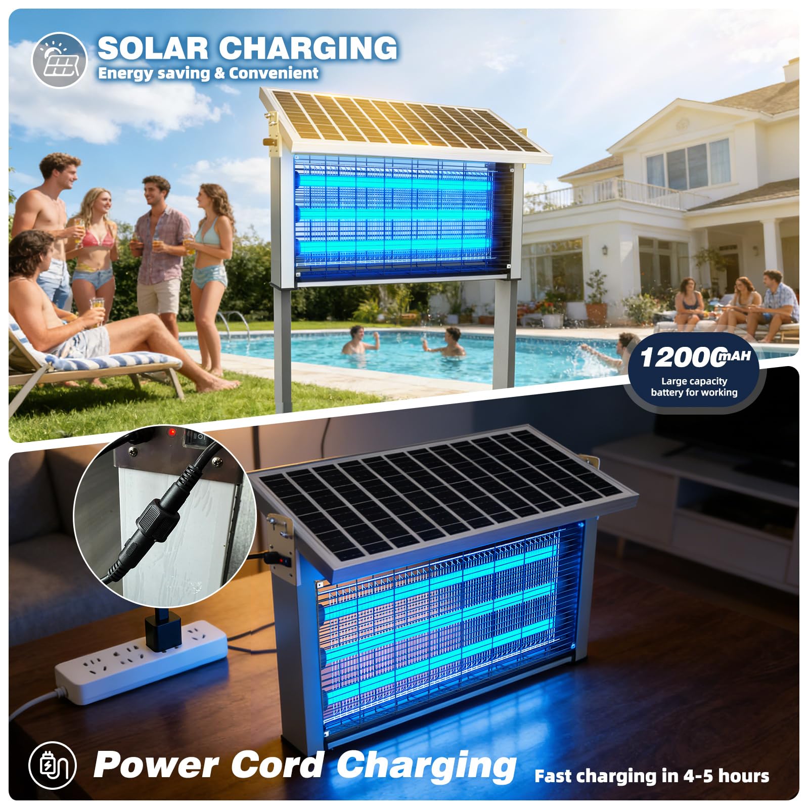 Powerful Large Solar Bug Zapper Outdoor for 12 Acre, Poartable Rechargeable Mosquito Zapper with High Powered, Cordless Solar Fly Zapper for Patio Garden Backyard Farm Pest Control