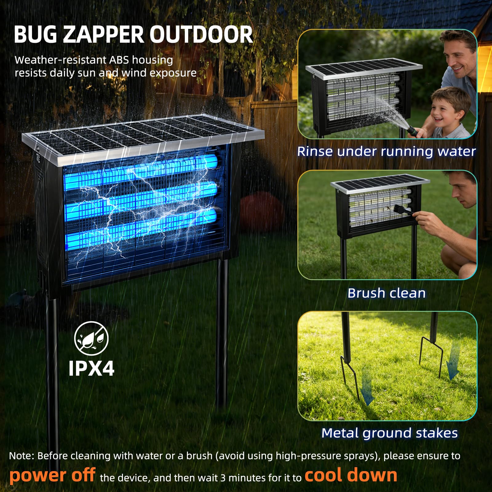 Powerful Solar Bug Zapper Outdoor with 3 LED Tube, Mosquito Zapper Waterproof Poartable Rechargeable Fly Zapper 3500V, Cordless Solar Fly Trap for Patio Garden Backyard Patio RV Camping for 3000 sq.ft