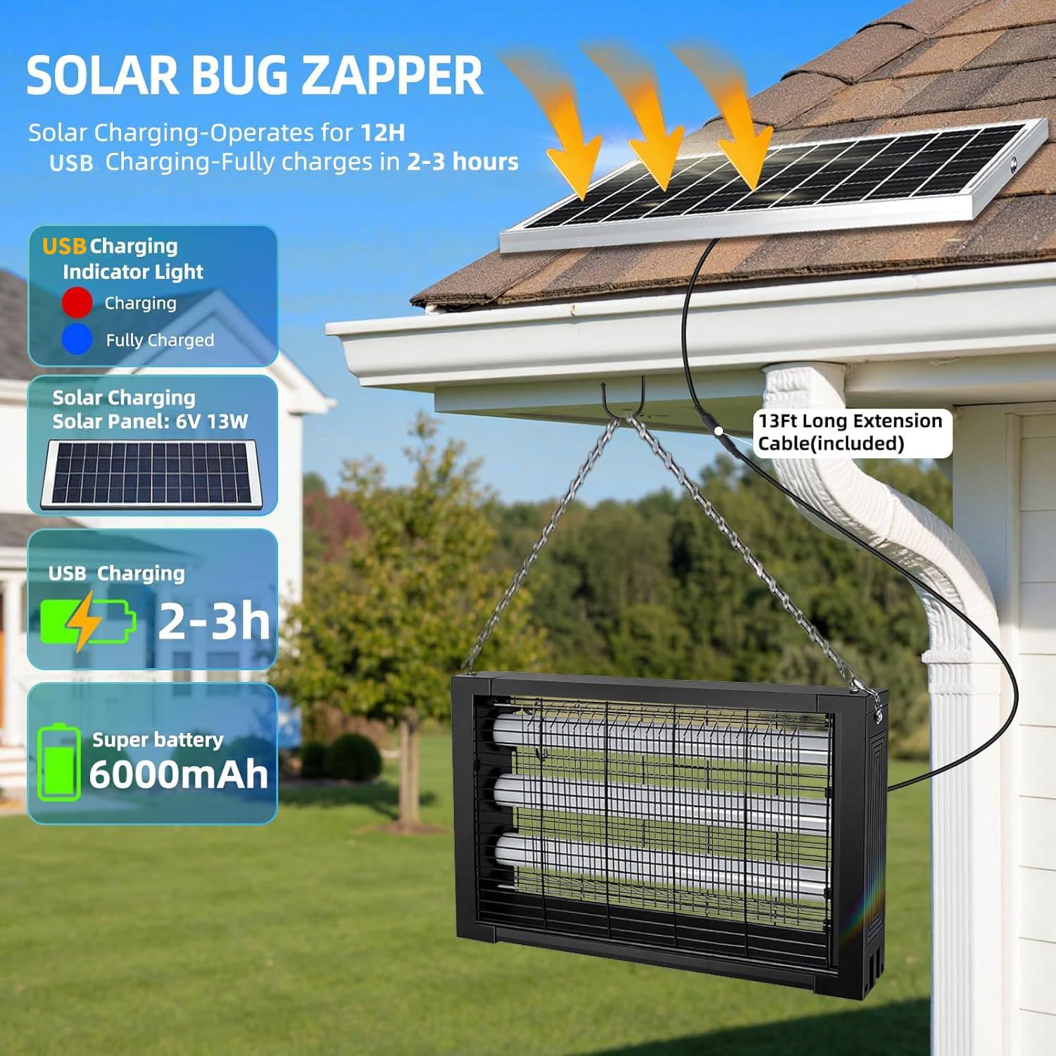 Powerful Solar Bug Zapper Outdoor with 3 LED Tube, Mosquito Zapper Waterproof Poartable Rechargeable Fly Zapper 3500V, Cordless Solar Fly Trap for Patio Garden Backyard Patio RV Camping for 3000 sq.ft