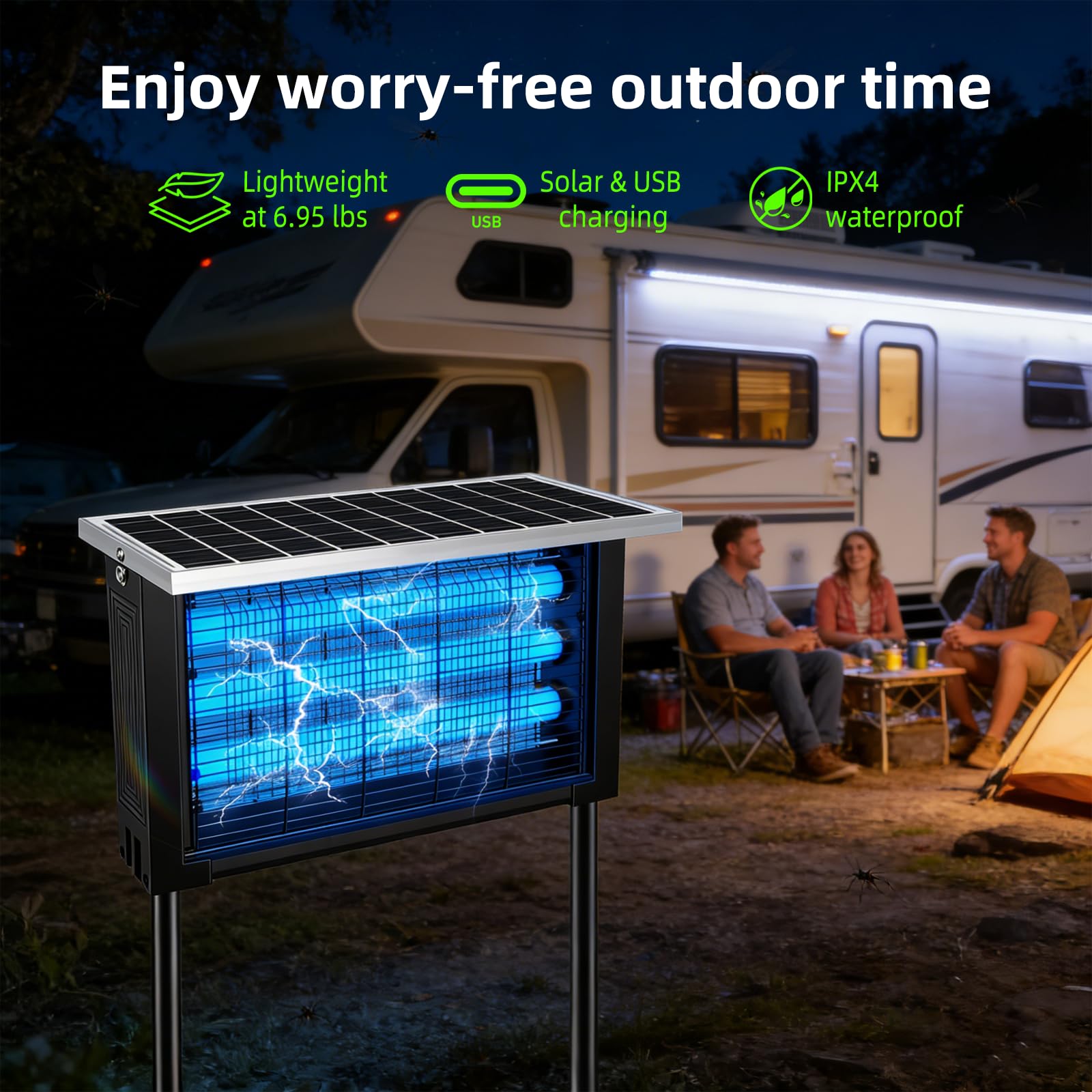 Powerful Solar Bug Zapper Outdoor with 3 LED Tube, Mosquito Zapper Waterproof Poartable Rechargeable Fly Zapper 3500V, Cordless Solar Fly Trap for Patio Garden Backyard Patio RV Camping for 3000 sq.ft