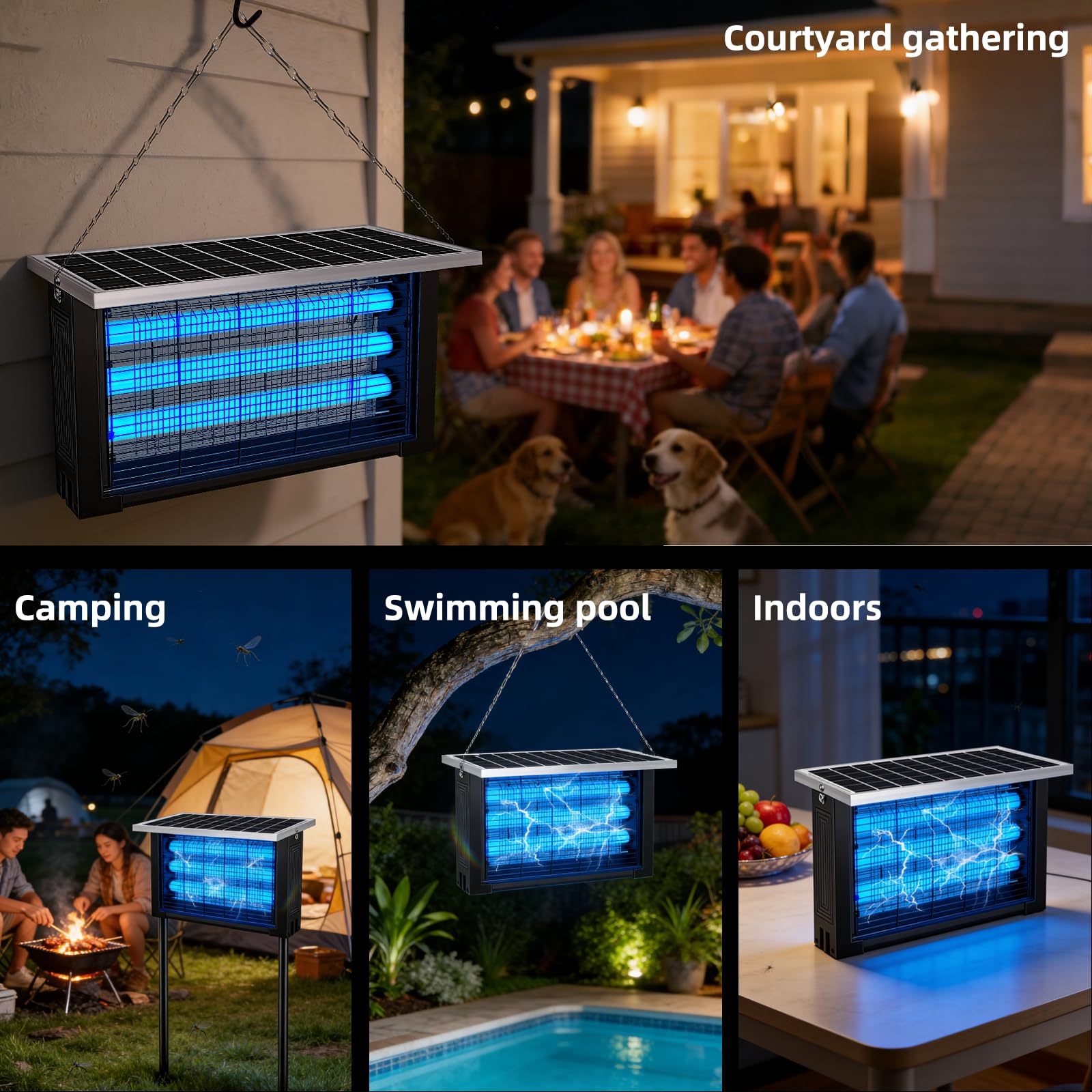 Powerful Solar Bug Zapper Outdoor with 3 LED Tube, Mosquito Zapper Waterproof Poartable Rechargeable Fly Zapper 3500V, Cordless Solar Fly Trap for Patio Garden Backyard Patio RV Camping for 3000 sq.ft