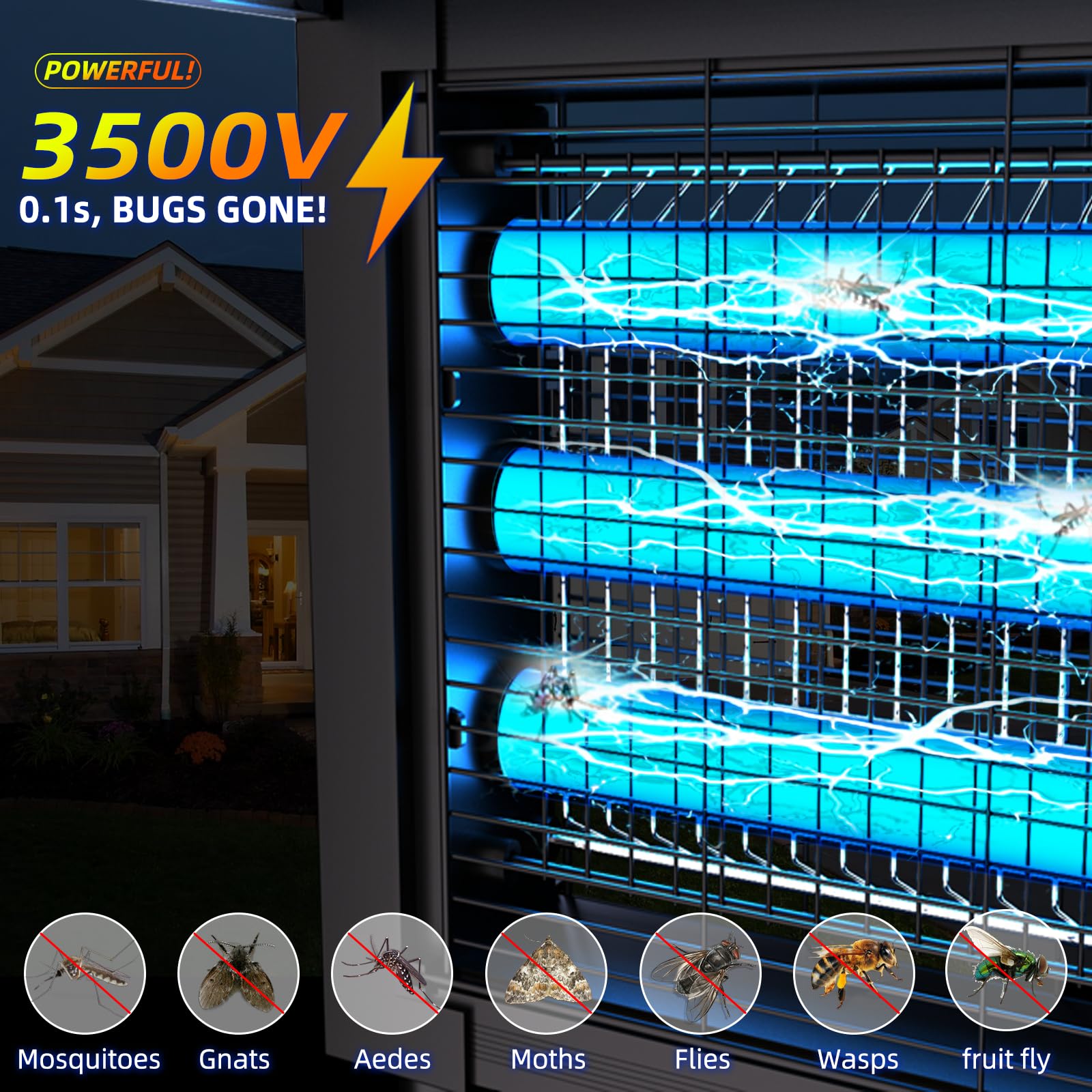 Powerful Solar Bug Zapper Outdoor with 3 LED Tube, Mosquito Zapper Waterproof Poartable Rechargeable Fly Zapper 3500V, Cordless Solar Fly Trap for Patio Garden Backyard Patio RV Camping for 3000 sq.ft