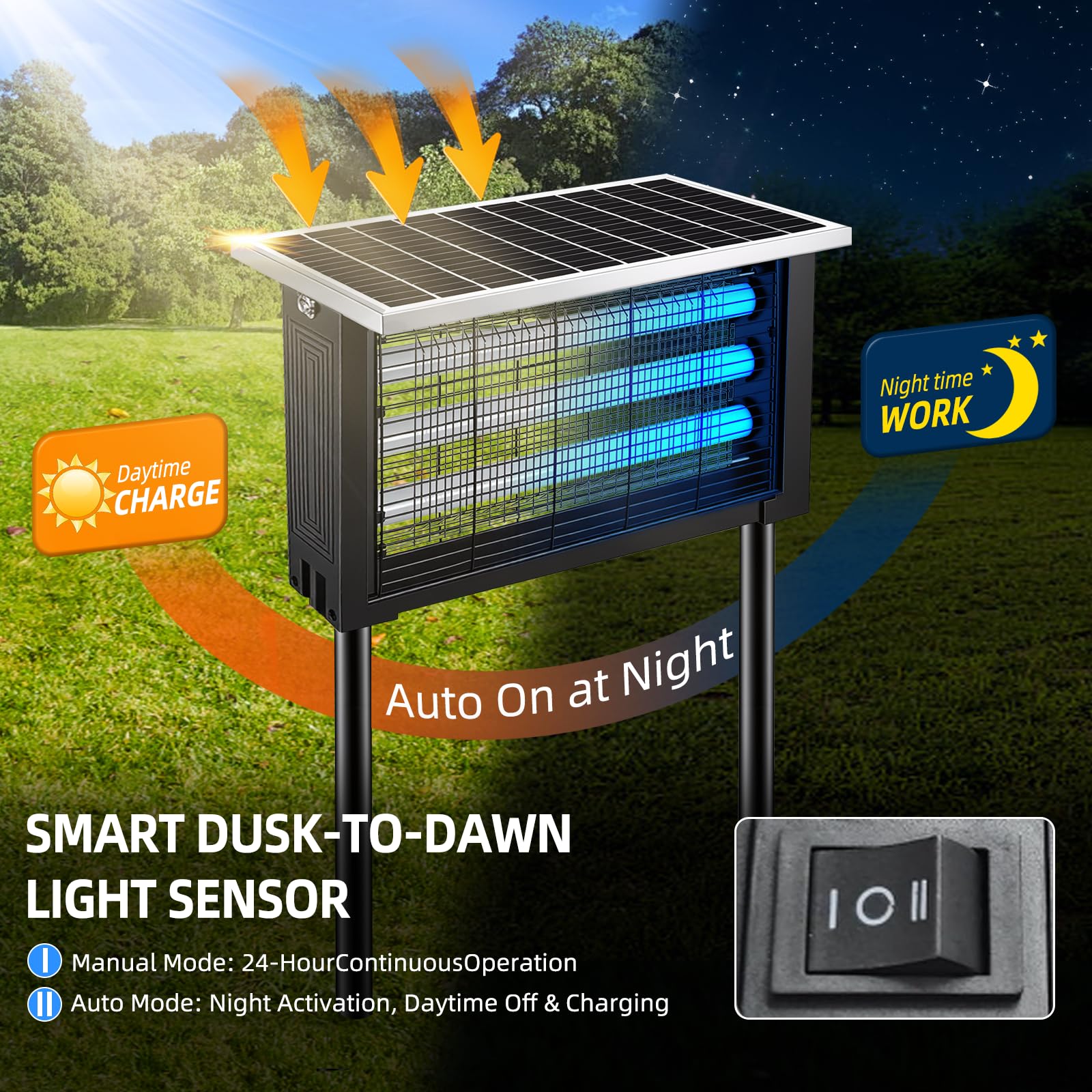 Powerful Solar Bug Zapper Outdoor with 3 LED Tube, Mosquito Zapper Waterproof Poartable Rechargeable Fly Zapper 3500V, Cordless Solar Fly Trap for Patio Garden Backyard Patio RV Camping for 3000 sq.ft