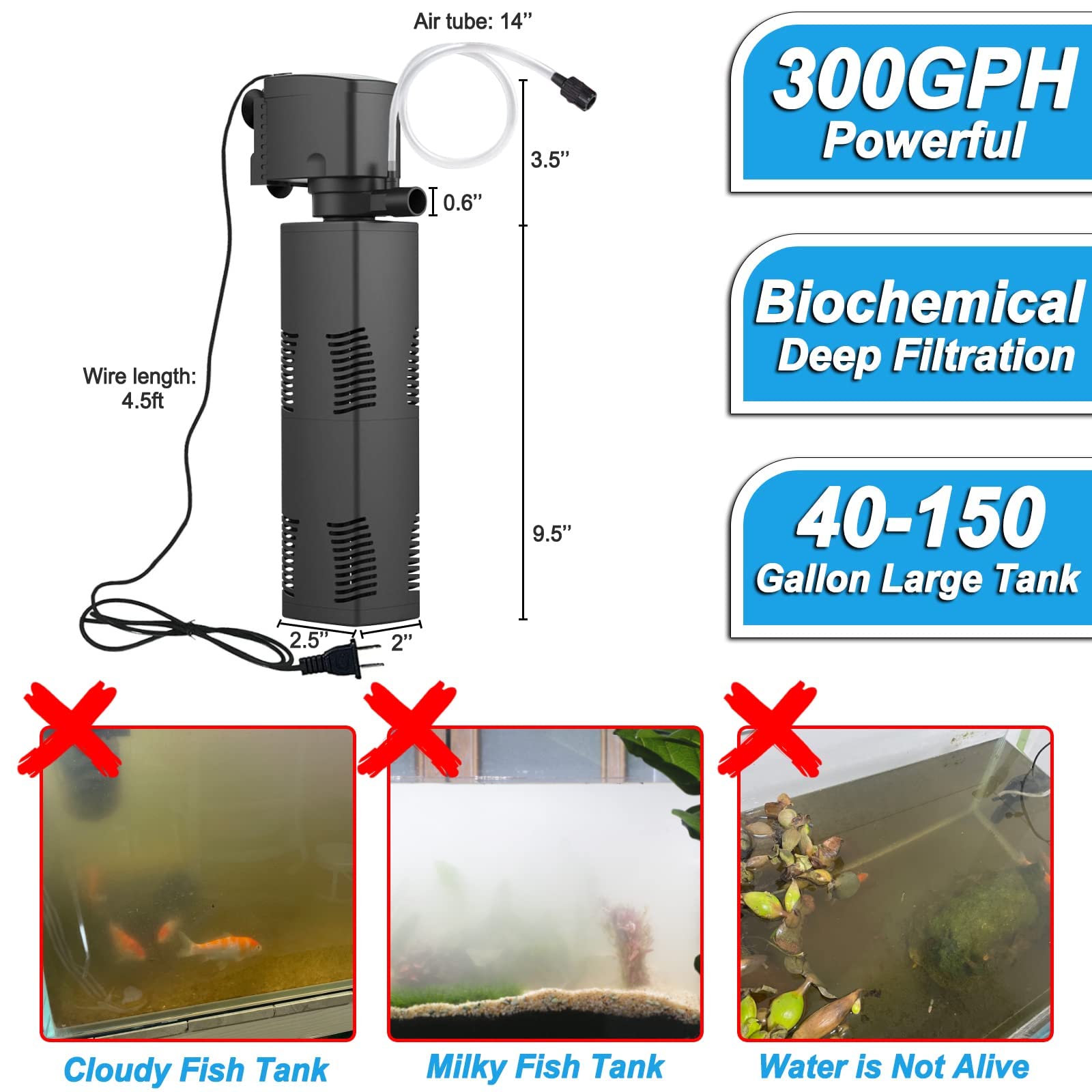 TARARIUM Fish Tank Filter for 15-40 Gallon Tank Crystal Clear Powerful Internal Aquarium Filters Submersible Pump& Filter System Turtle Tank Accessories