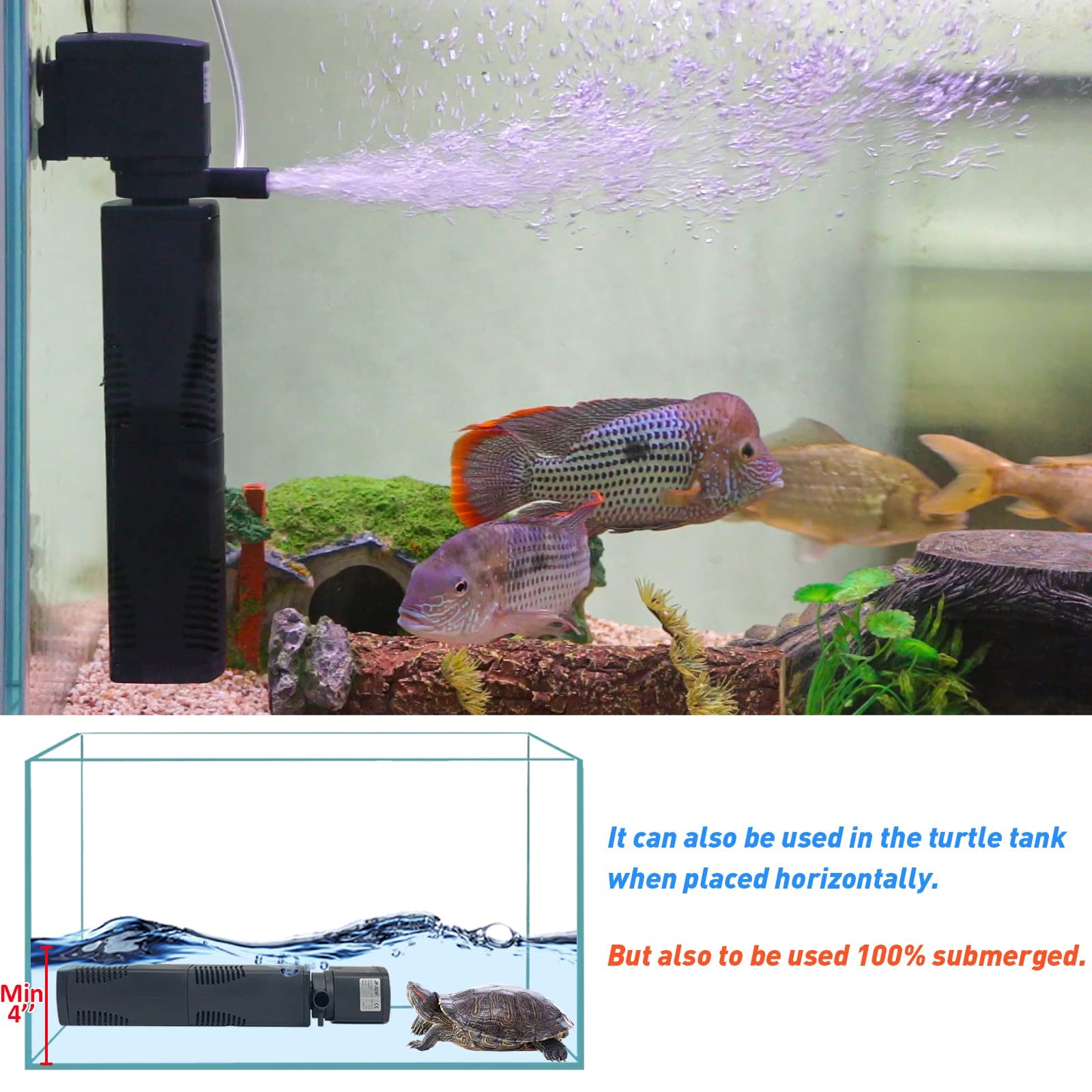 TARARIUM Fish Tank Filter for 15-40 Gallon Tank Crystal Clear Powerful Internal Aquarium Filters Submersible Pump& Filter System Turtle Tank Accessories