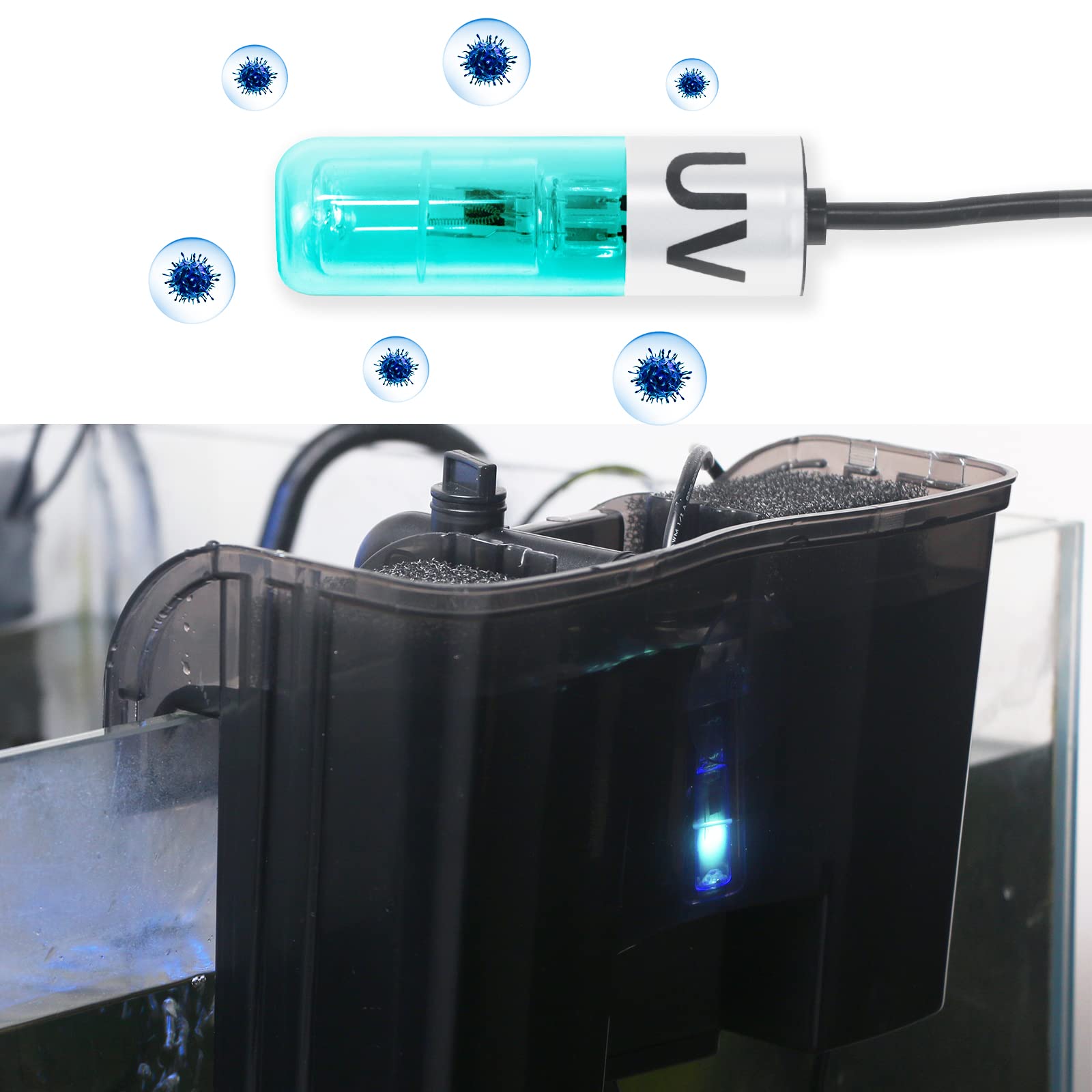 TARARIUM Aquarium Lamp 3W Mini Fish Tank Clean Green Light Submersible Use in Filter Area for 10-45 Gallon Fish Tank Pond Cloudy Water Clean and Clear