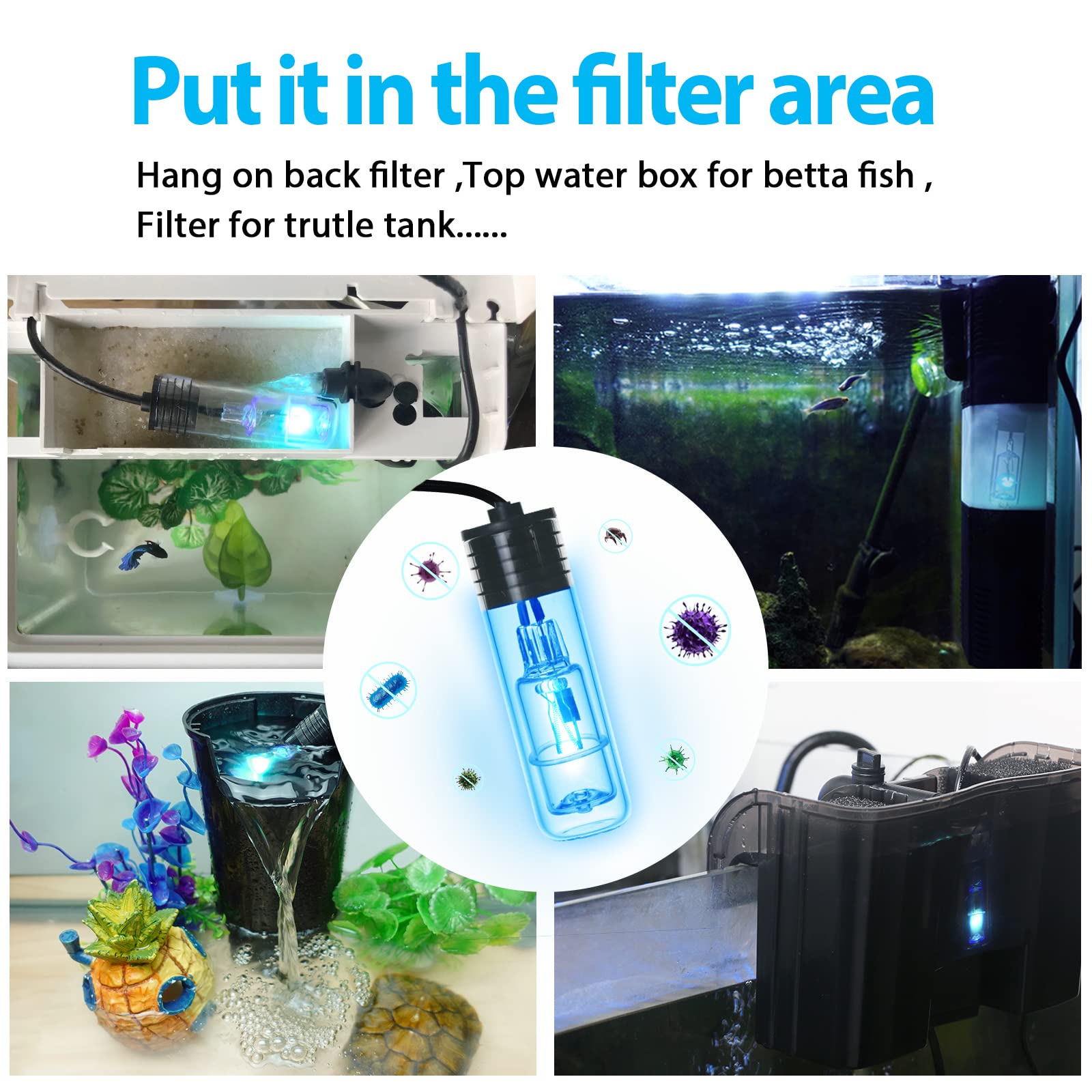 TARARIUM Aquarium Lamp 3W Mini Fish Tank Clean Green Light Submersible Use in Filter Area for 10-45 Gallon Fish Tank Pond Cloudy Water Clean and Clear