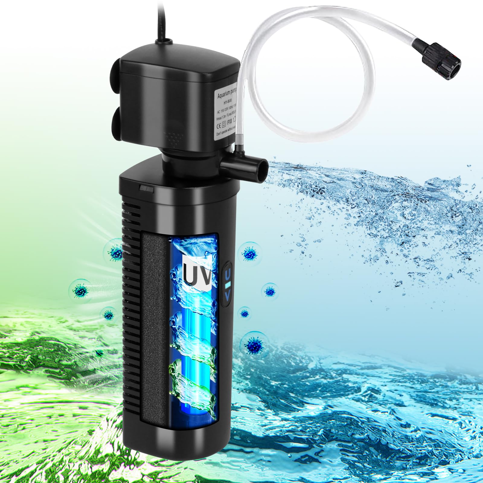 TARARIUM H8F Aquarium Filter for 40-150 Gallon Tank, UV Fish Tank Green Clean Machine Submersible Powerful Pump Canister Filter 400GPH for Pond Turtle Tank Saltwater Freshwater Crystal Clear Green Killing
