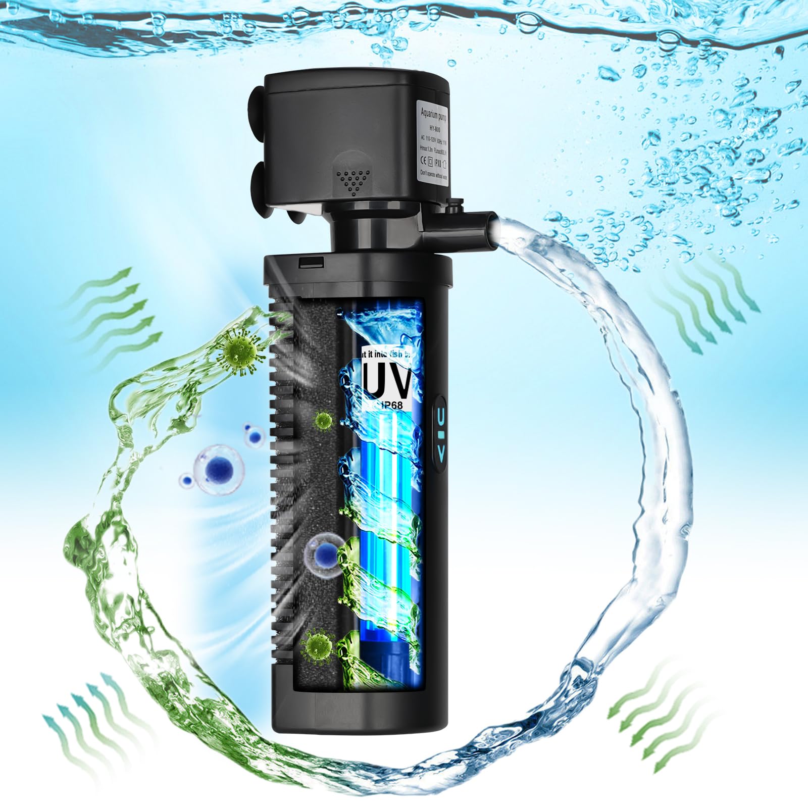 TARARIUM H8F Aquarium Filter for 40-150 Gallon Tank, UV Fish Tank Green Clean Machine Submersible Powerful Pump Canister Filter 400GPH for Pond Turtle Tank Saltwater Freshwater Crystal Clear Green Killing