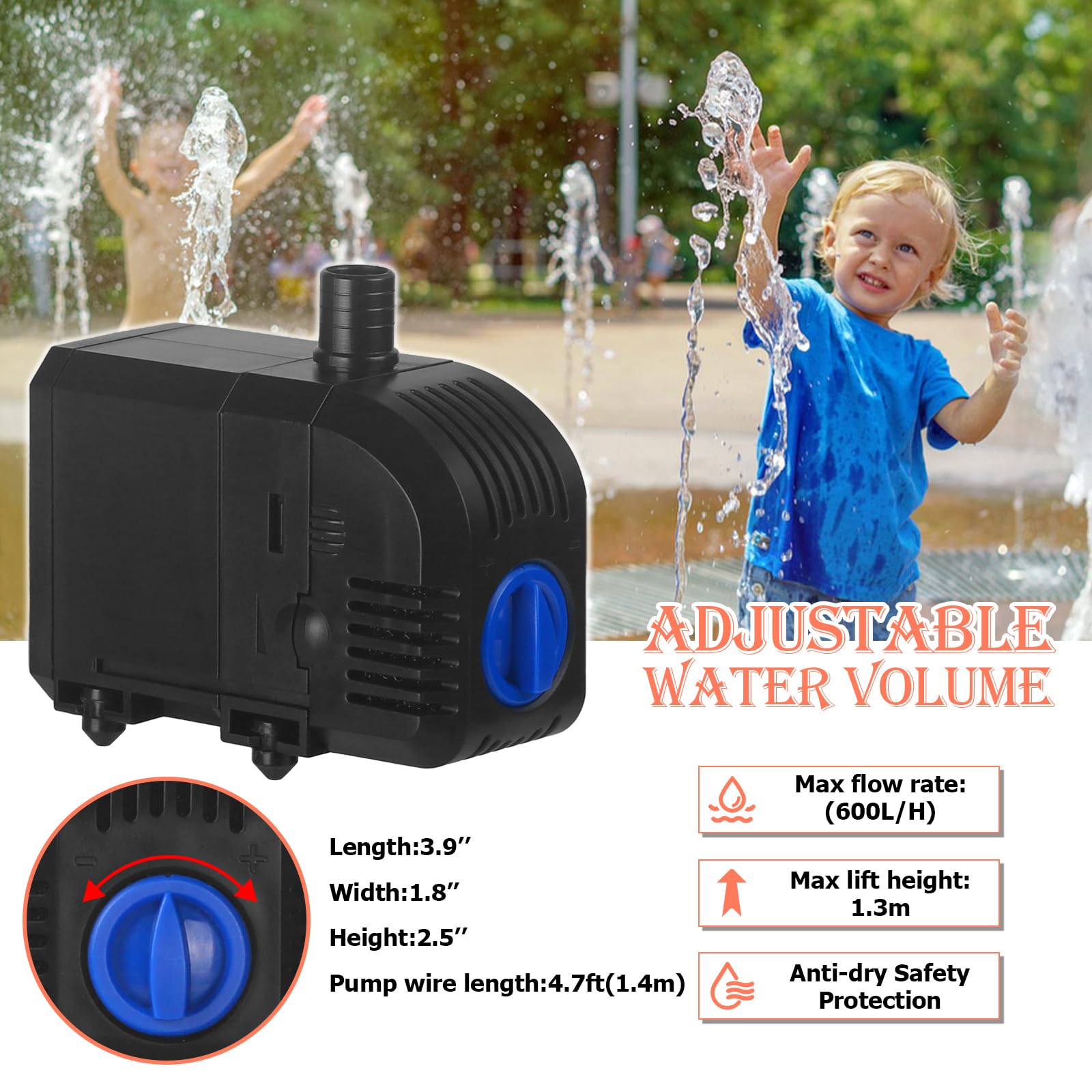 TARARIUM Submersible Pump 160GPH Small Fountain Water Pump 8W for Aquarium Fish Tank, Pond, Fountain, Hydroponics (600LH)