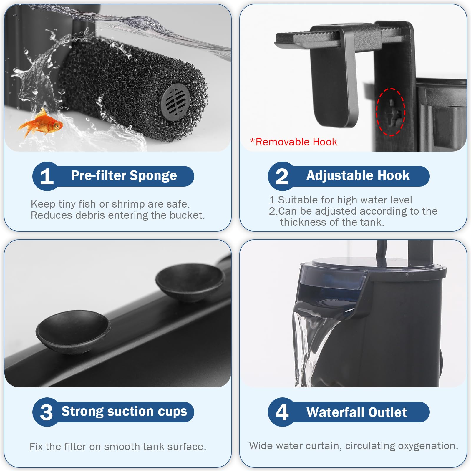 Turtle Tank Filter Aquarium Internal Filter for 3 to 20 Gallon Fish Tank, Bio-filtration Low Water Level Small Power Canister Filter, Frog Shrimp Newt Betta Water Clean, Hang On Back Waterfall Quiet