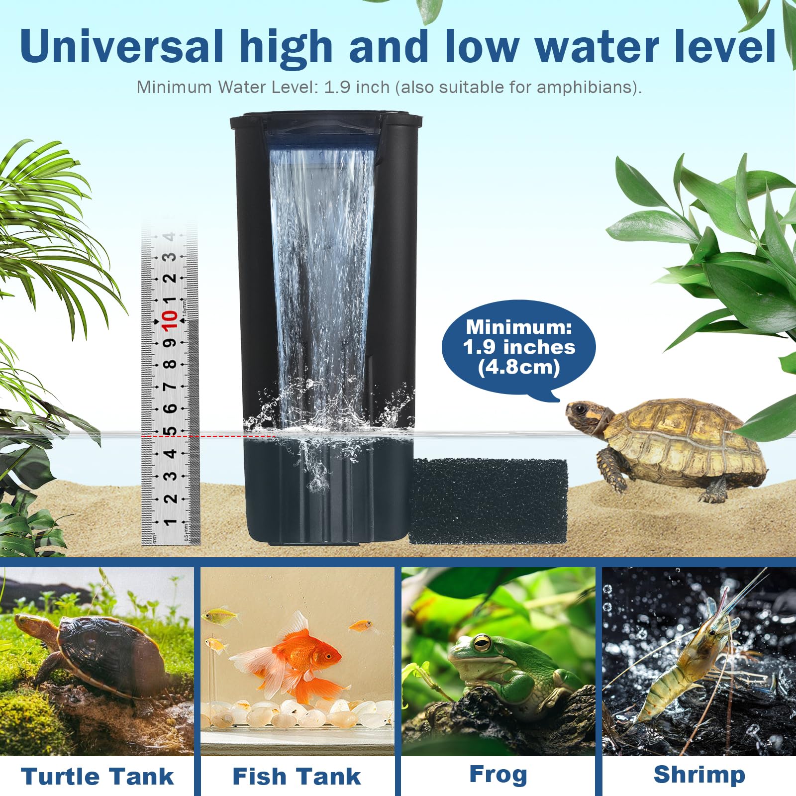 Turtle Tank Filter Aquarium Internal Filter for 3 to 20 Gallon Fish Tank, Bio-filtration Low Water Level Small Power Canister Filter, Frog Shrimp Newt Betta Water Clean, Hang On Back Waterfall Quiet
