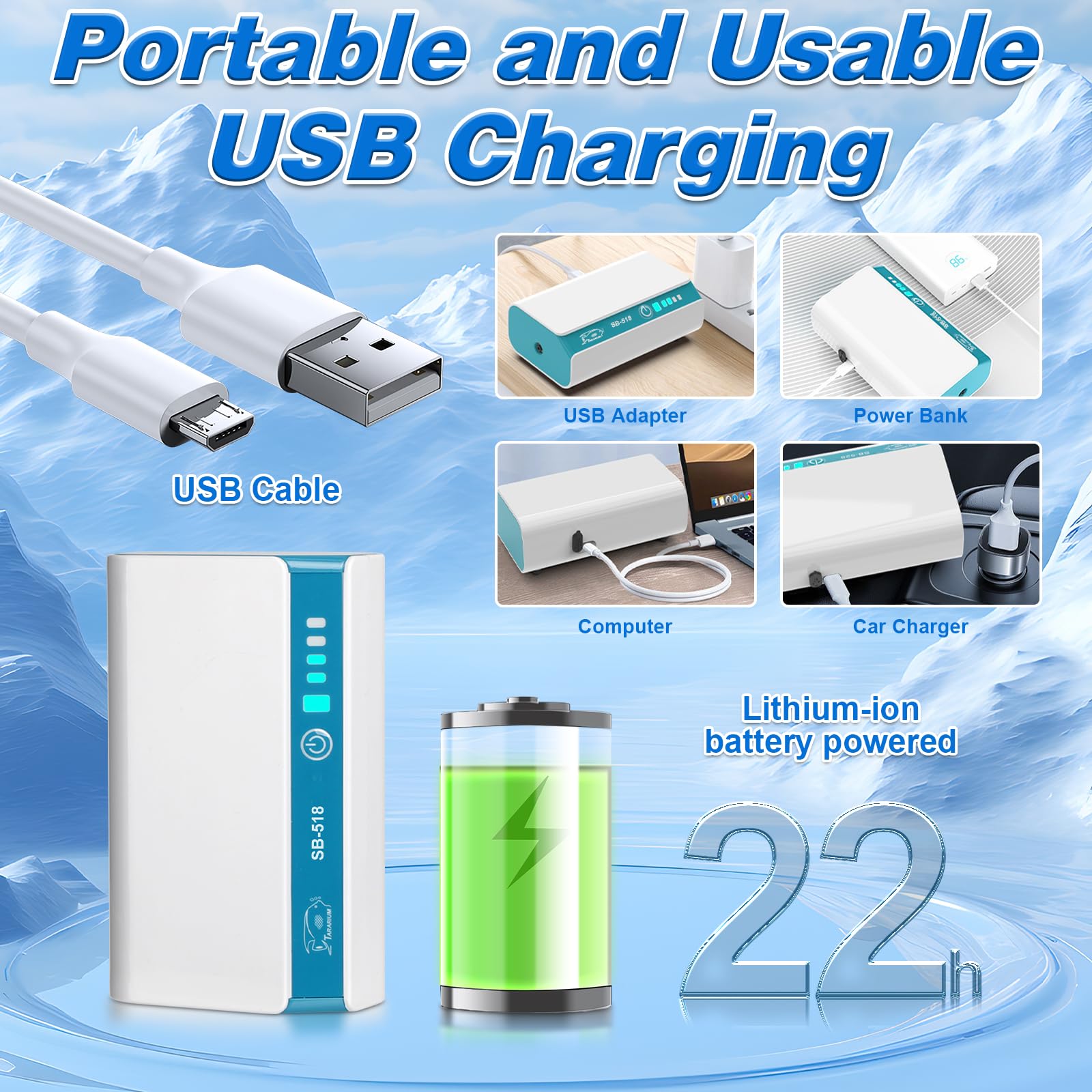 USB Rechargeable Aquarium Air Pump One Dual Outlet Fish Tank Bubbler Aerator Pump for 5-75 Gallon Portable Li-ion Battery Power Outage Outdoor Fishing Live Bait Bucket Aerator Quiet Oxygen Pump