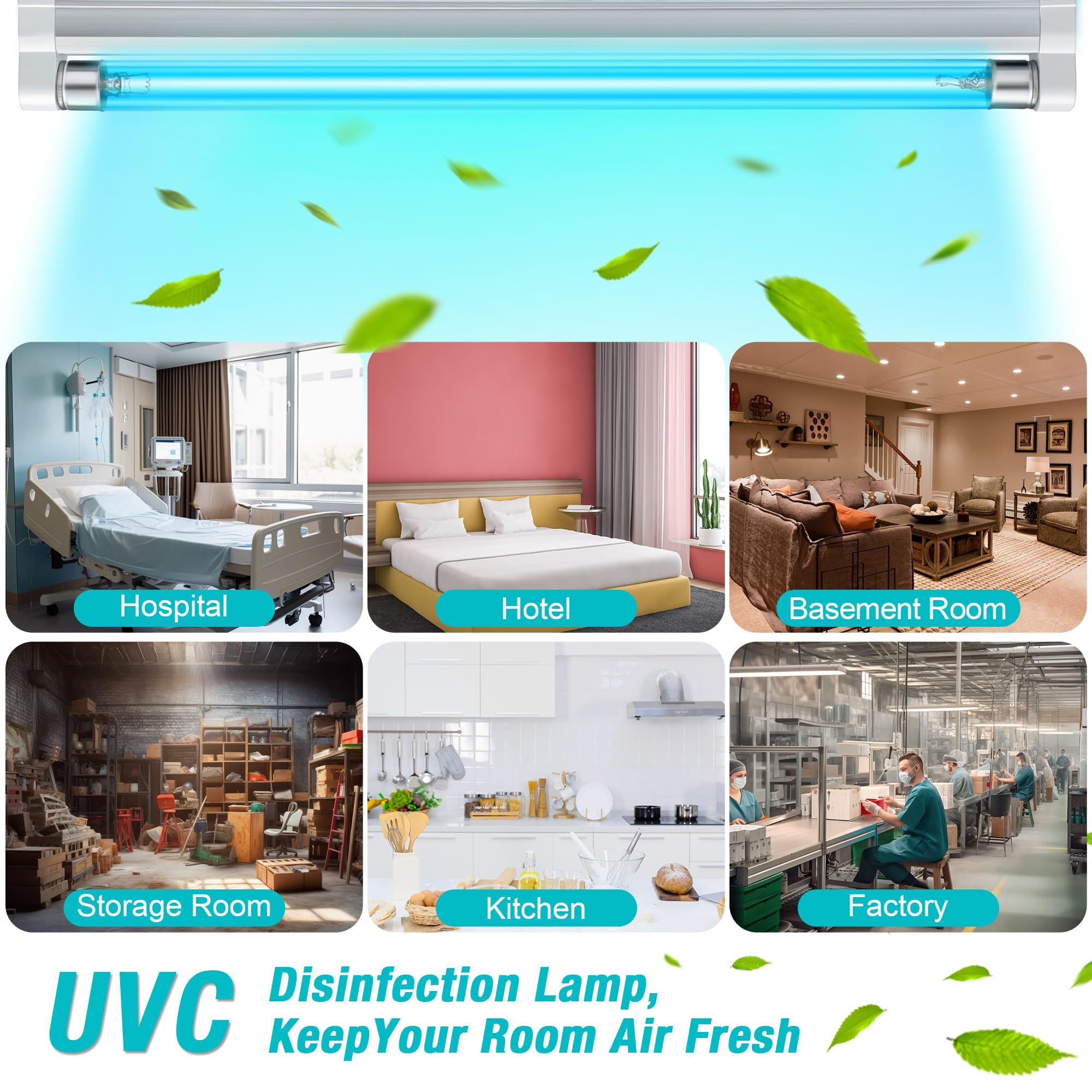 UVC Germicidal Lamp 110V 6W UV-C Bulb Light with 5ft Cord and Plug Cover up to 100 sq. ft. Room (Ozone-free)