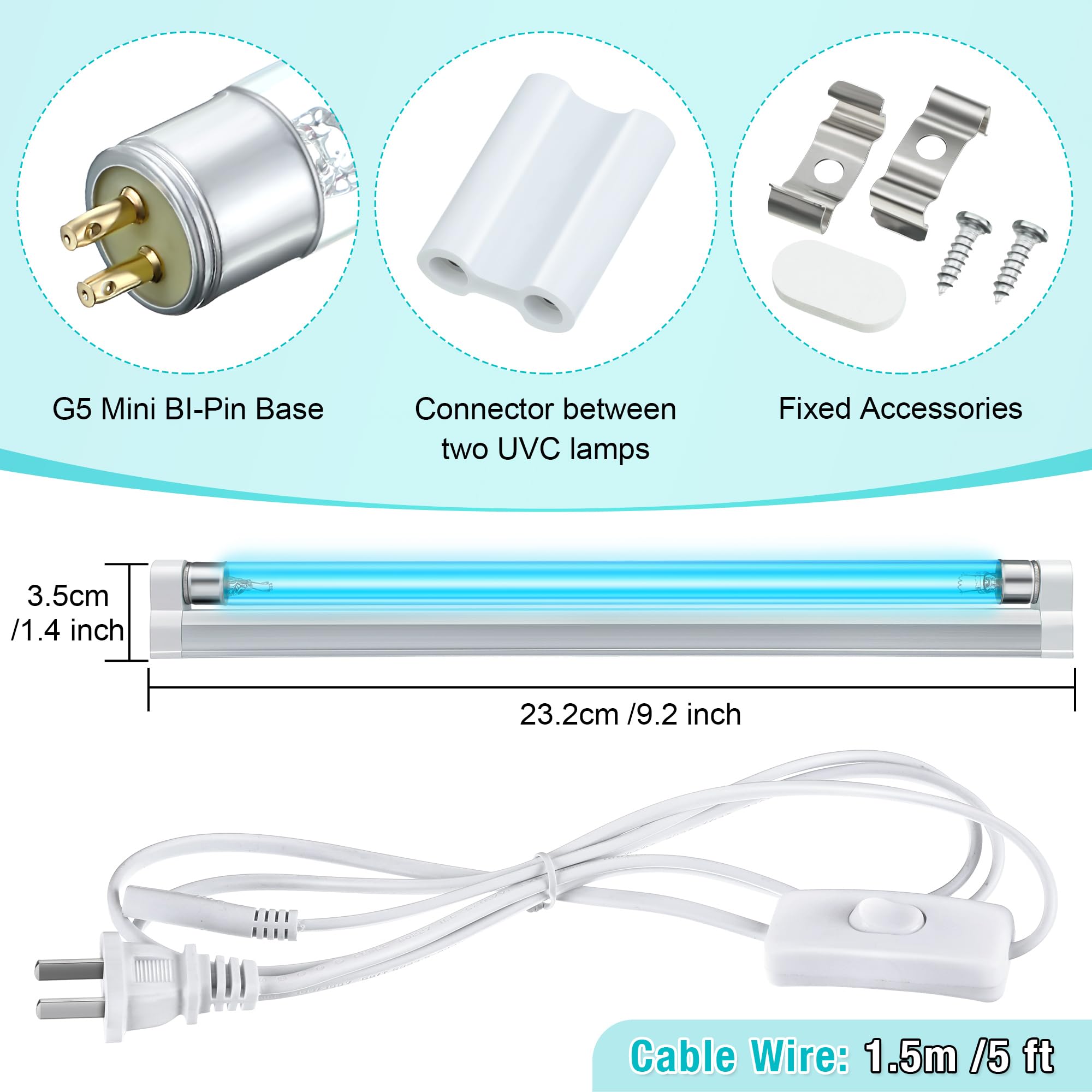 UVC Germicidal Lamp 110V 6W UV-C Bulb Light with 5ft Cord and Plug Cover up to 100 sq. ft. Room (Ozone-free)