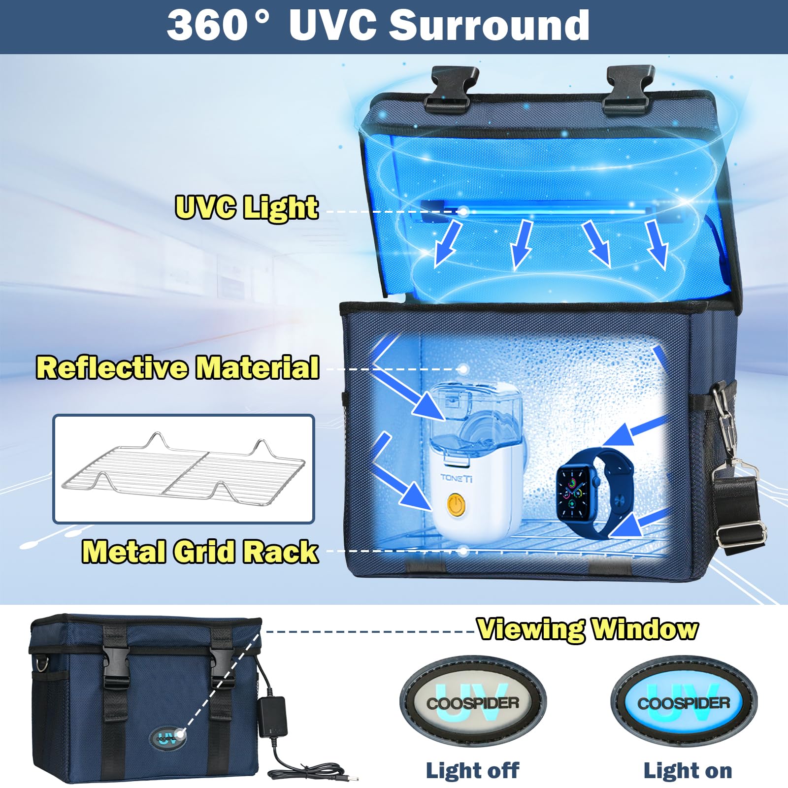 UVC Sanitizer bag box Ozone Free with Timer Portable Large Cleaner Bag with USB Port, UV Light Blue Tote for Mask Cell Phone Baby Bottle Key Towel