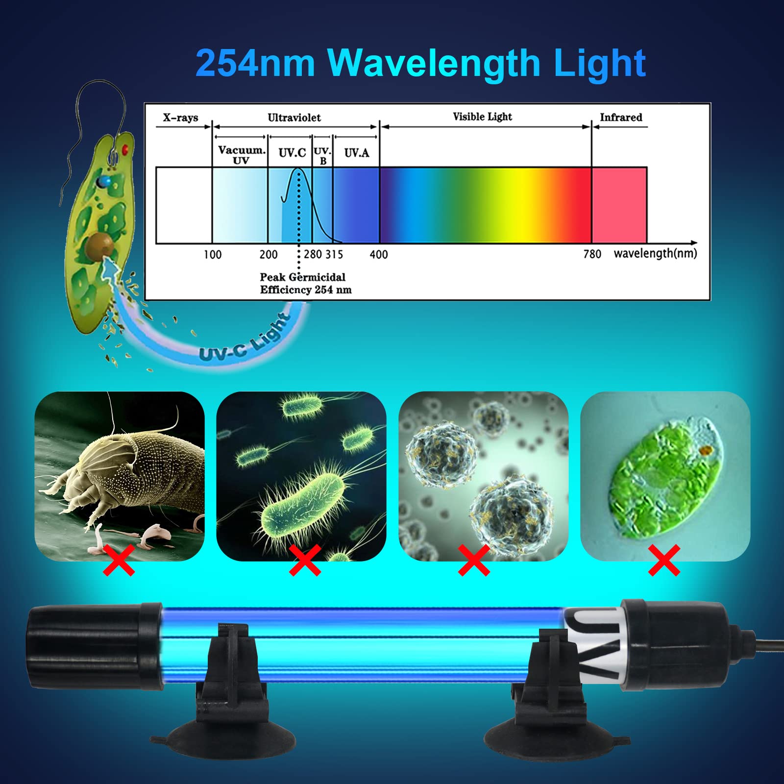 Aquarium Light 5W for 20-75 Gallon Submersible Clean Green Lamp CTUV-H6F/CTUV-H5P/CTUV-H4F/AQ028 Replacement Light Bulb - Coospider