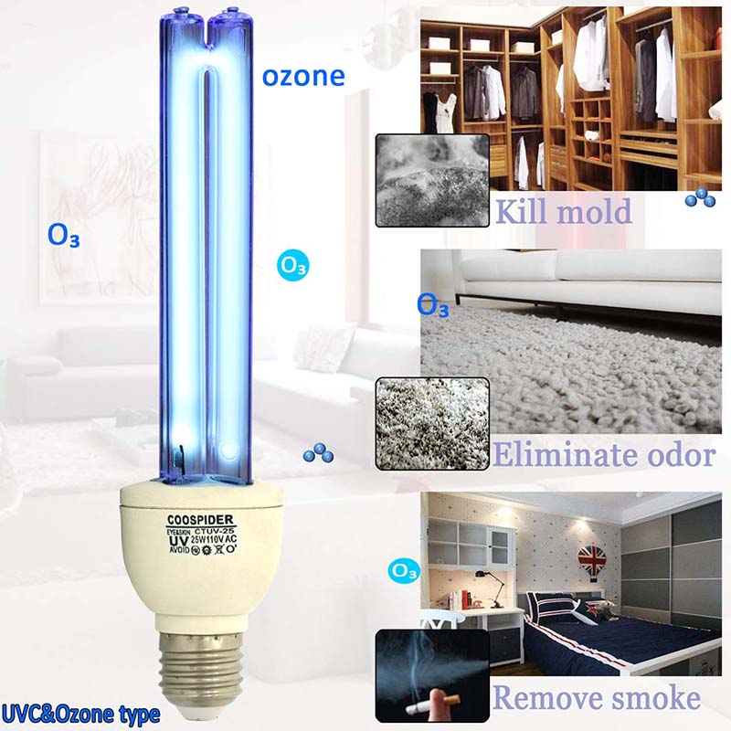 COOSPIDER UV with Ozone Germicidal Light Bulb Timer Lamp Base E26 25W 110V, Covers up to 400sq.ft (CTUV-25)