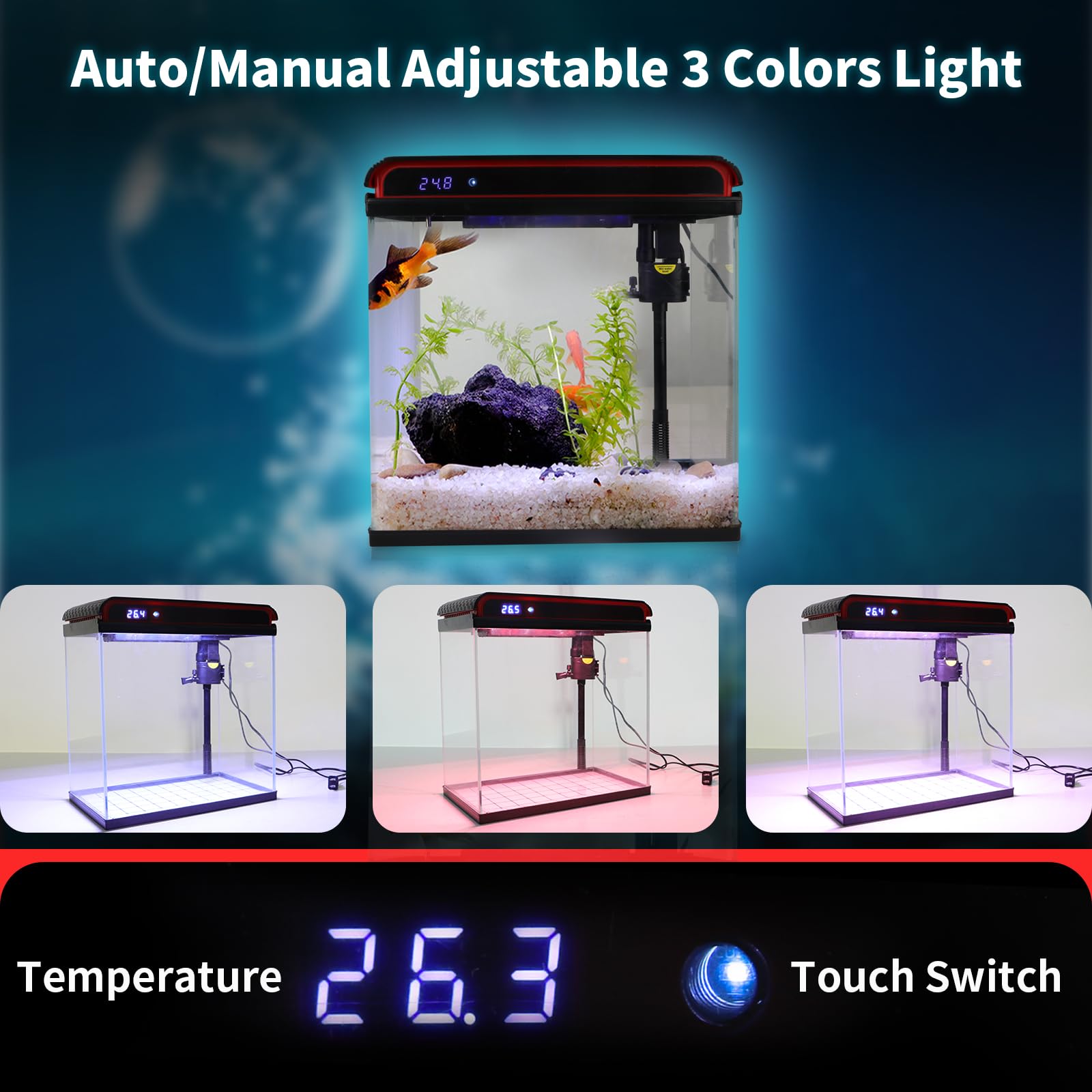 10 Gallon Fish Tank, Betta Fish Tank Small Aquarium Starter Kits Self Cleaning with 3 Types of LED Lights and Filter Water Pump, Ultra Quiet Decoration Kids Room Gift with Glass Fish Tank