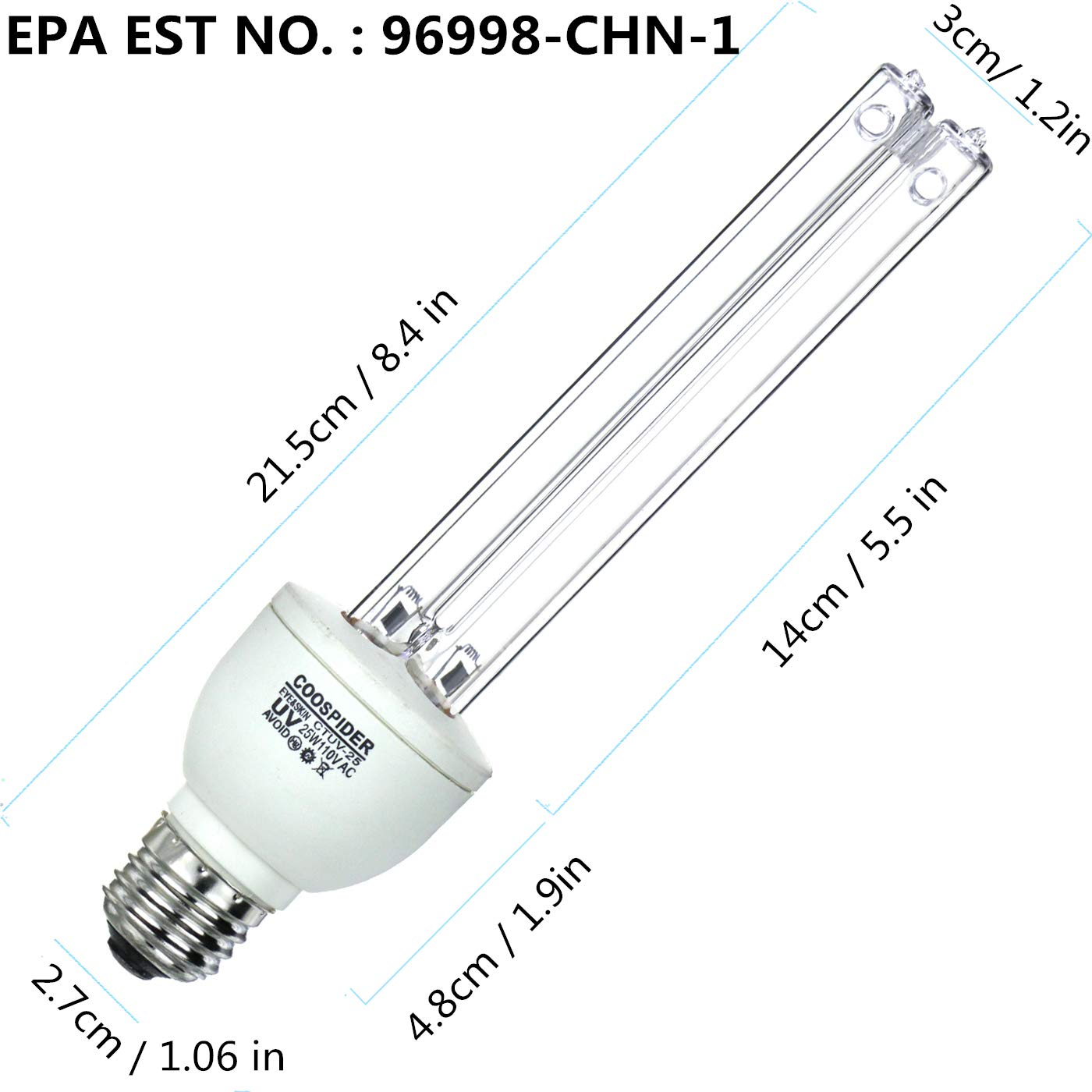 2-PACK Quartz UVC 110V 25W E27/E26 Germicidal CFL Bulb , for Kill Musty / Mold, Covers up to 400sq.ft (Ozone-free CTUV-25)
