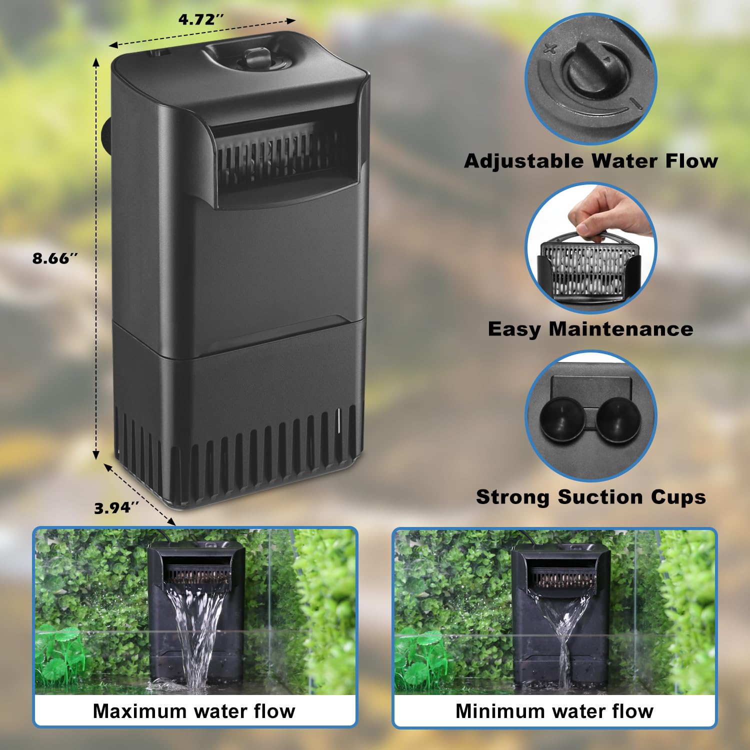 220GPH 10W Turtle Tank Filter Aquarium Filter Power Adjustable 10-40 Gal. Small Internal Filter 3-Stage Waterfall Bio-Filtration Quiet Low Water Level for Freshwater Saltwater Fish Tank Easy to Clean