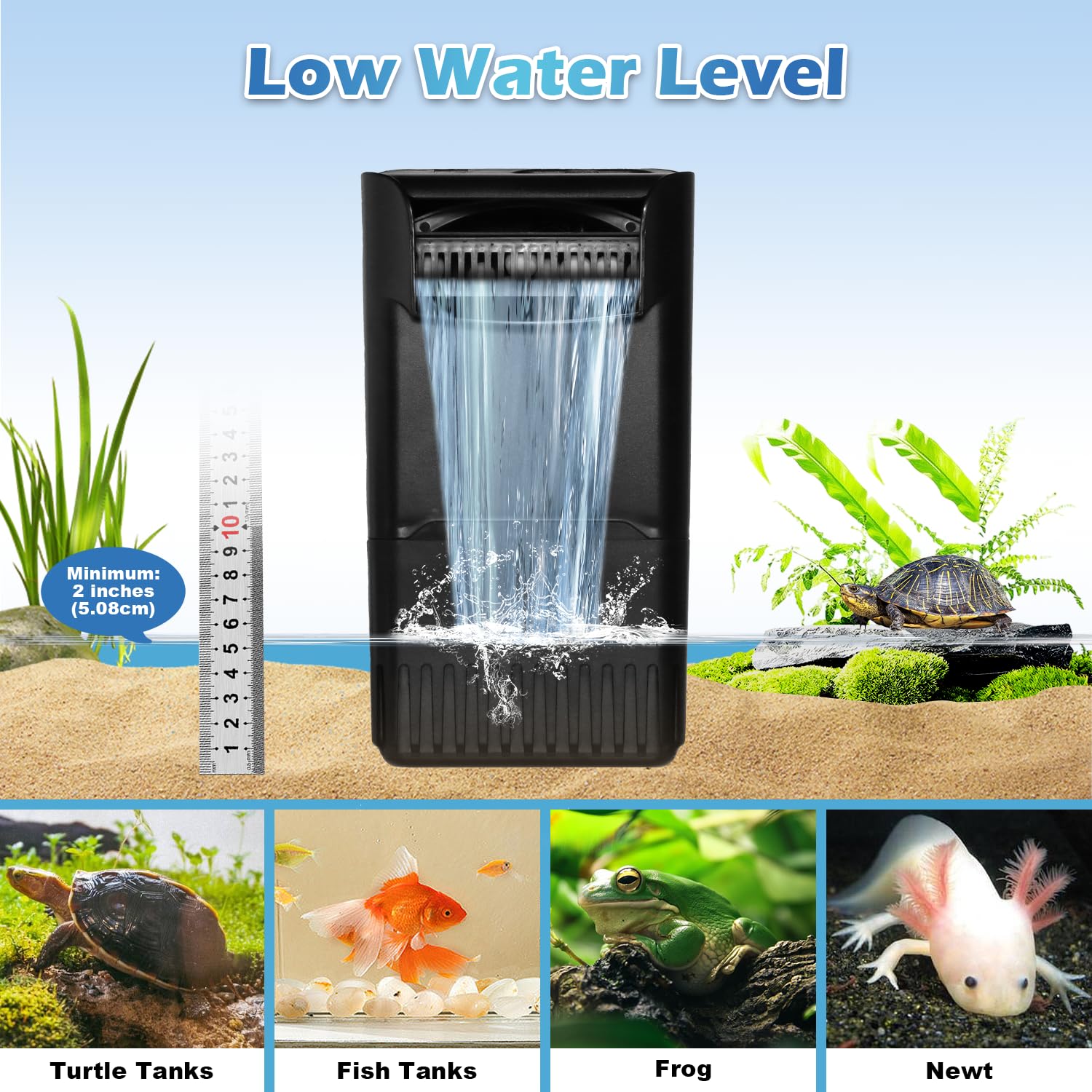 220GPH 10W Turtle Tank Filter Aquarium Filter Power Adjustable 10-40 Gal. Small Internal Filter 3-Stage Waterfall Bio-Filtration Quiet Low Water Level for Freshwater Saltwater Fish Tank Easy to Clean