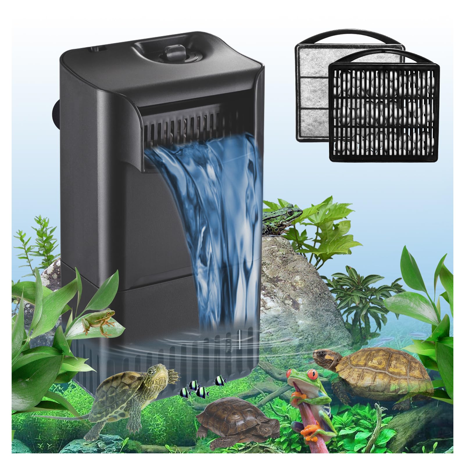 220GPH 10W Turtle Tank Filter Aquarium Filter Power Adjustable 10-40 Gal. Small Internal Filter 3-Stage Waterfall Bio-Filtration Quiet Low Water Level for Freshwater Saltwater Fish Tank Easy to Clean