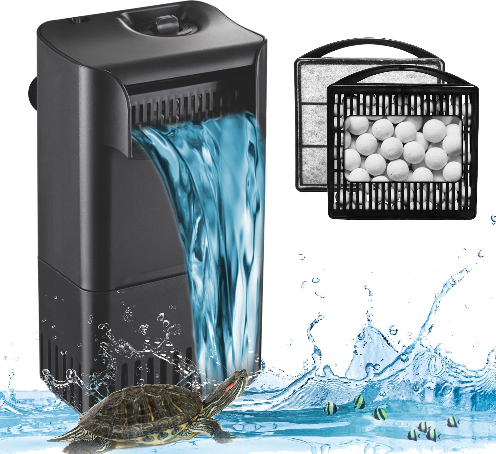 220GPH 10W Turtle Tank Filter Aquarium Filter Power Adjustable 10-40 Gal. Small Internal Filter 3-Stage Waterfall Bio-Filtration Quiet Low Water Level for Freshwater Saltwater Fish Tank Easy to Clean