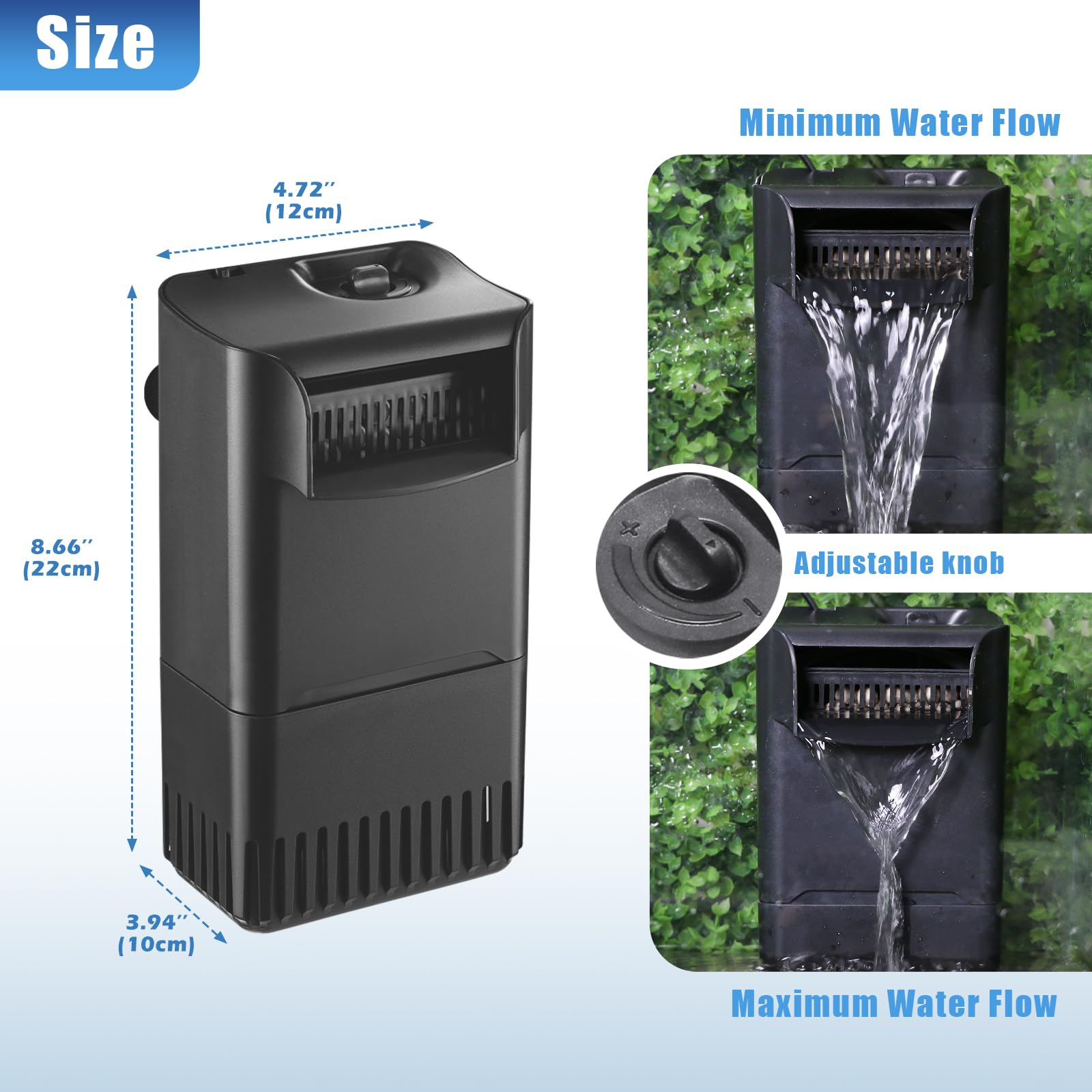 220GPH Turtle Filter for 10-30 Gal Tank, Small Turtle Filters 3-stage Filtration for Freshwater Saltwater Cloudywater, Ultra-quiet and Flow Adjustable for Fish Turtles Shrimps Amphibians Frogs