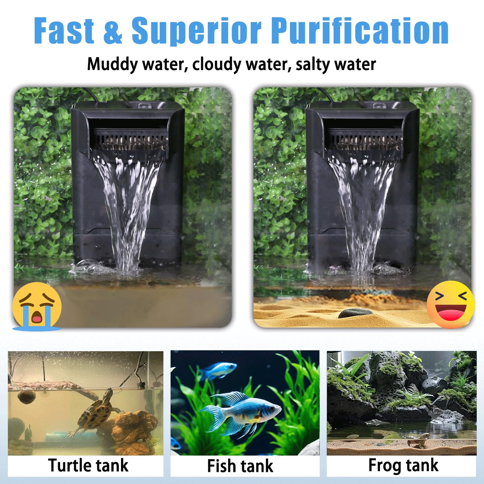 220GPH Turtle Filter for 10-30 Gal Tank, Small Turtle Filters 3-stage Filtration for Freshwater Saltwater Cloudywater, Ultra-quiet and Flow Adjustable for Fish Turtles Shrimps Amphibians Frogs