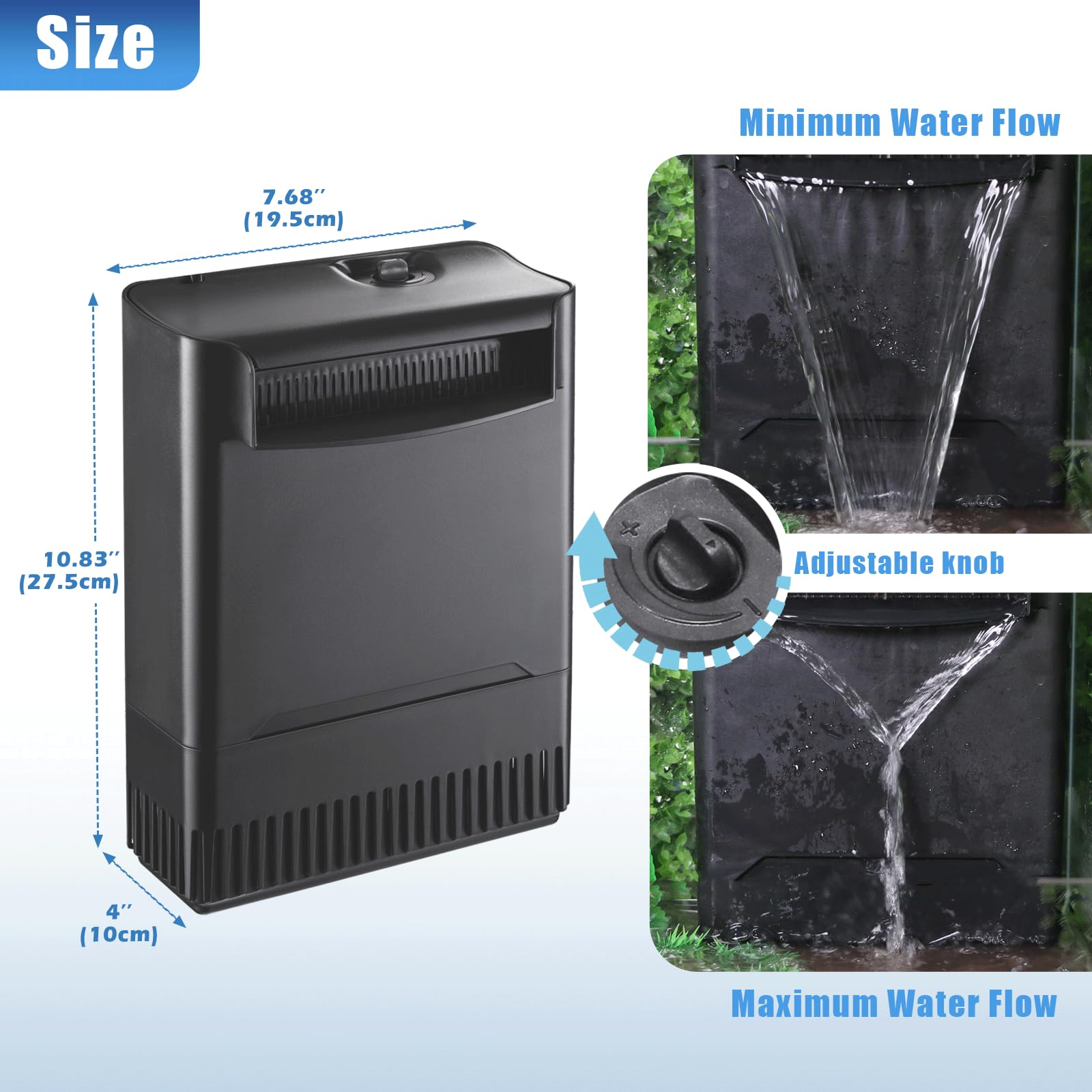 290GPH Turtle Tank Filter for 20-55 Gallon, Turtle Filter Low Water Level Available and Flow Adjustable, Turtle Water Filter for Shrimps Amphibians Turtle Tank Saltwater Freshwater Crystal Clear
