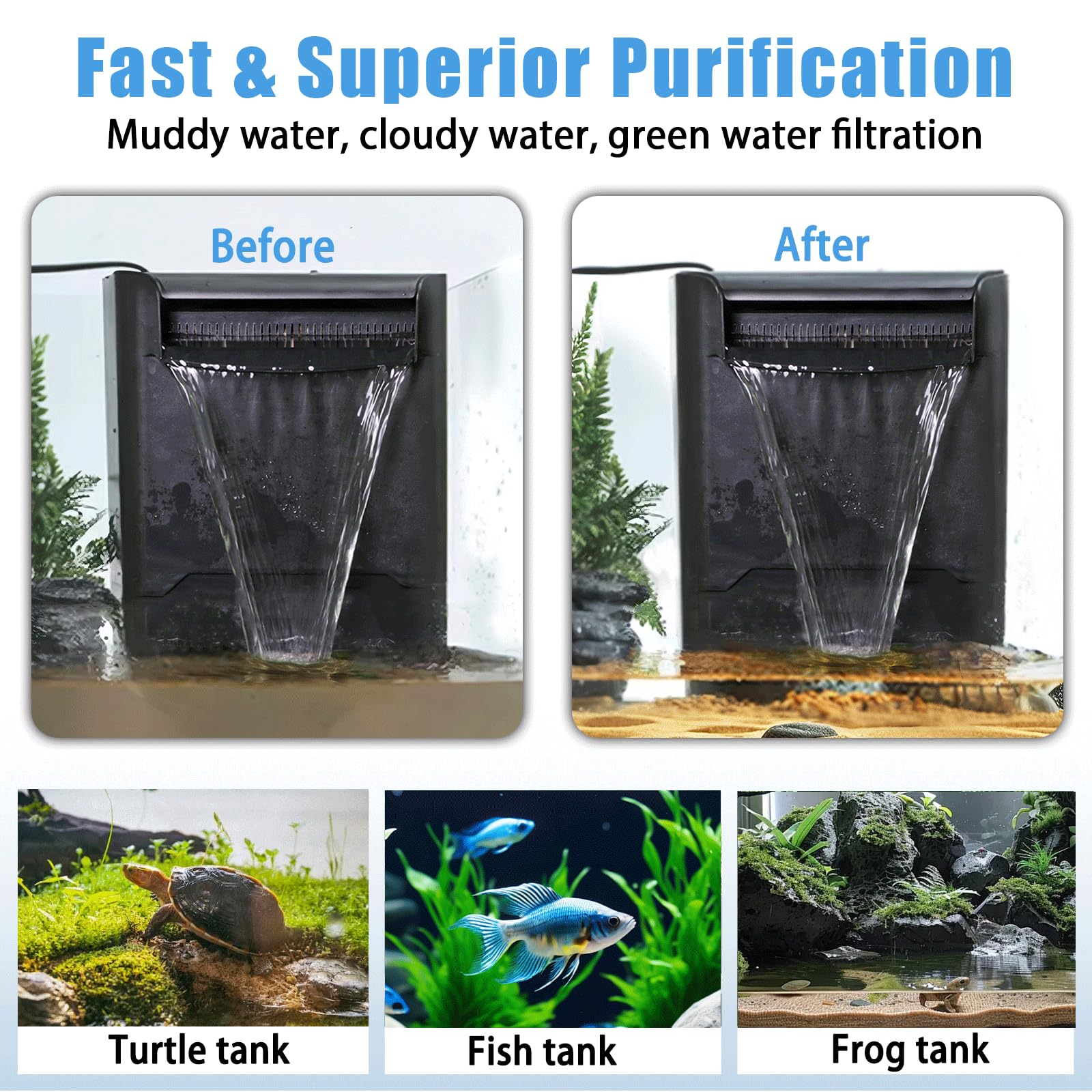 290GPH Turtle Tank Filter for 20-55 Gallon, Turtle Filter Low Water Level Available and Flow Adjustable, Turtle Water Filter for Shrimps Amphibians Turtle Tank Saltwater Freshwater Crystal Clear