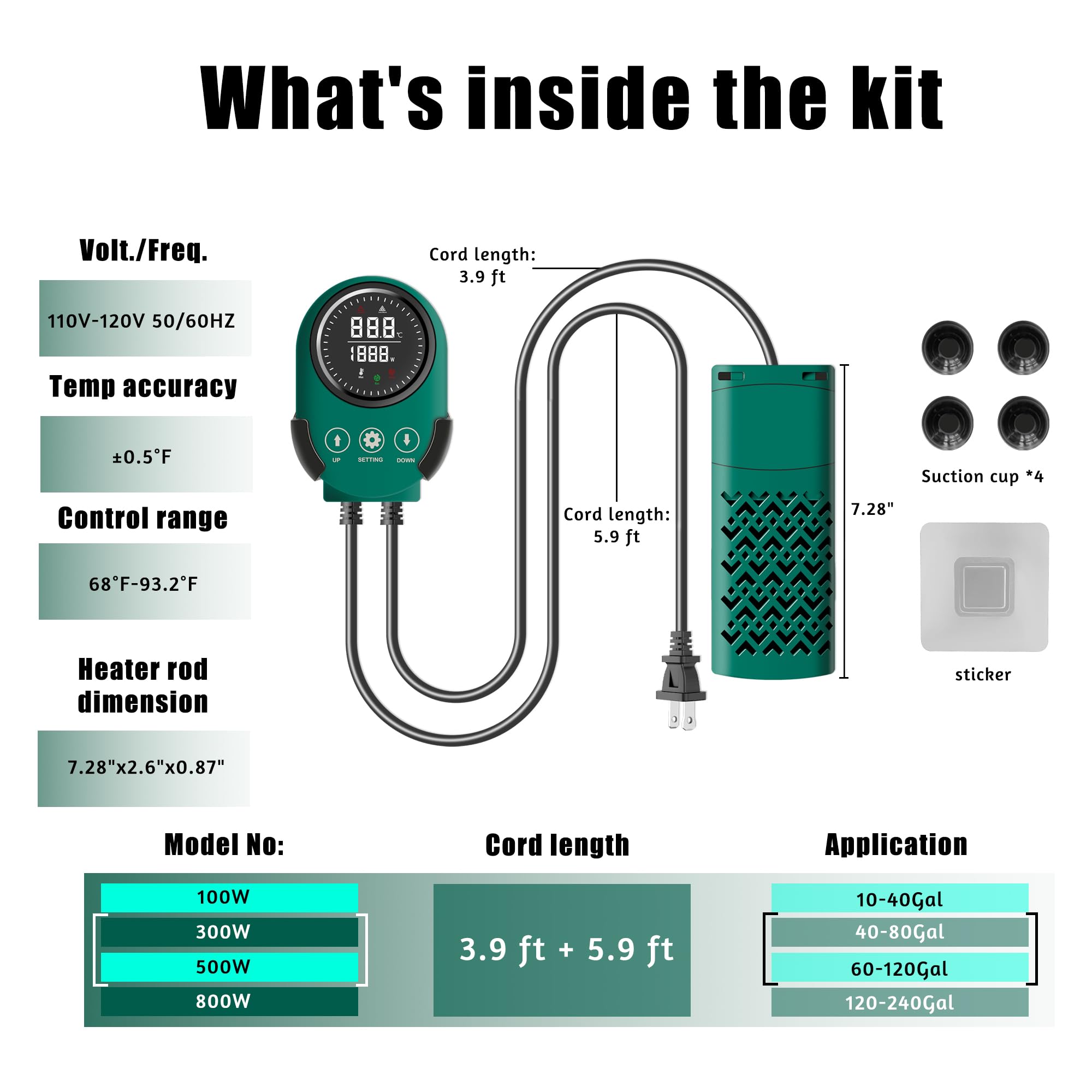 500W Smart Aquarium Heater Submersible with Variable-Frequency Energy Savings, Dual Probes for Leaving Water Automatically Stop, PTC Tech for Overheat Protection, Adjustable for Freshwater, Saltwater