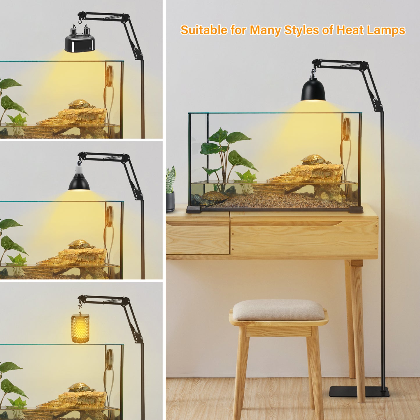COOSPIDER Reptile Heat Lamp Stand with 3 Adjustable Height and 360° Rotation Swing Arm Metal Hook Included for Bearded Dragon Turtle Gecko and Puppies 15.7inch to 74.3inch