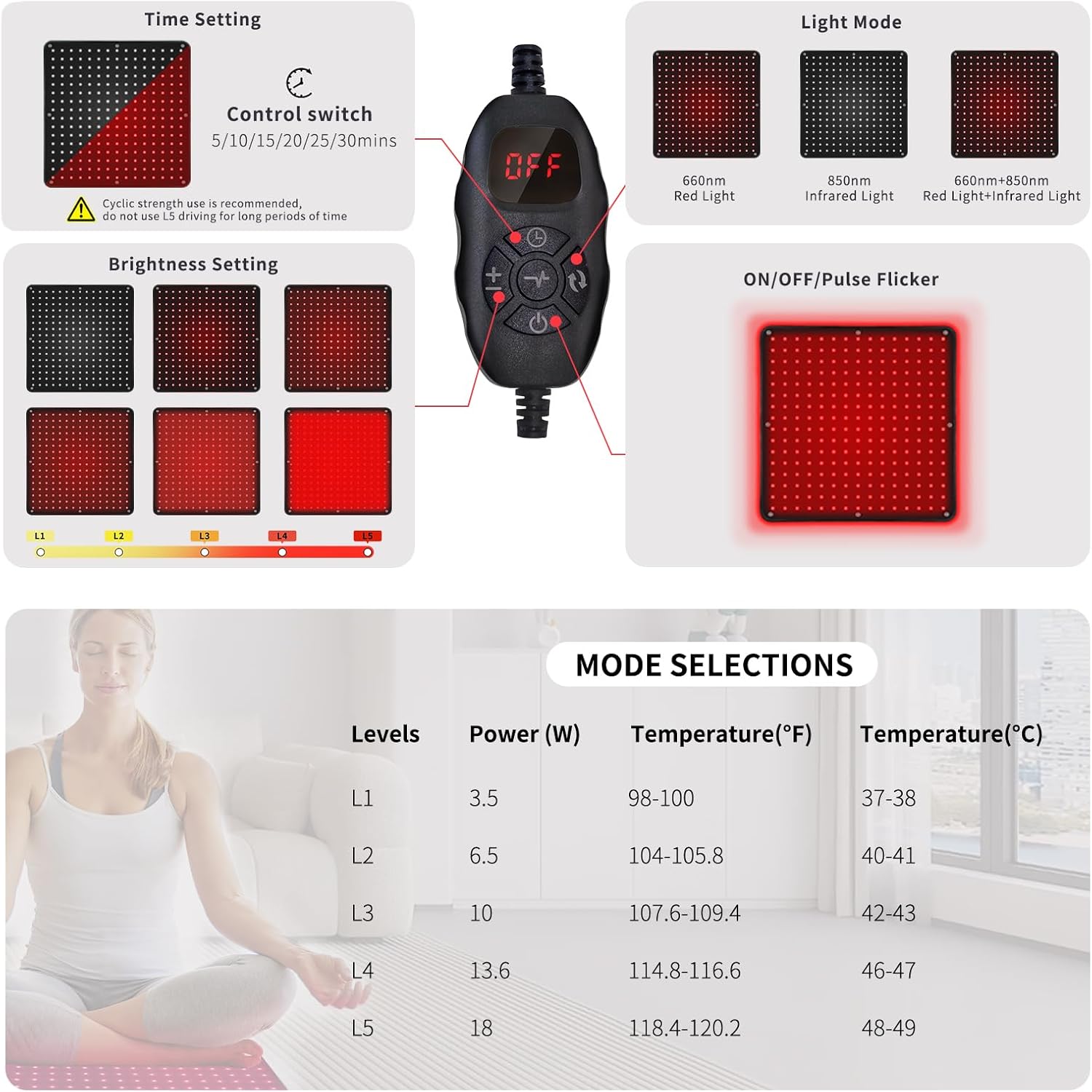 Infrared Red Light Therapy Cushion for Car, Home & Office – 255 Tri-Chip LEDs (660nm & 850nm), Pulse Mode, 5-Level Power, 5-30 Min Timer, Portable Pain Relief Pad with Car Charger