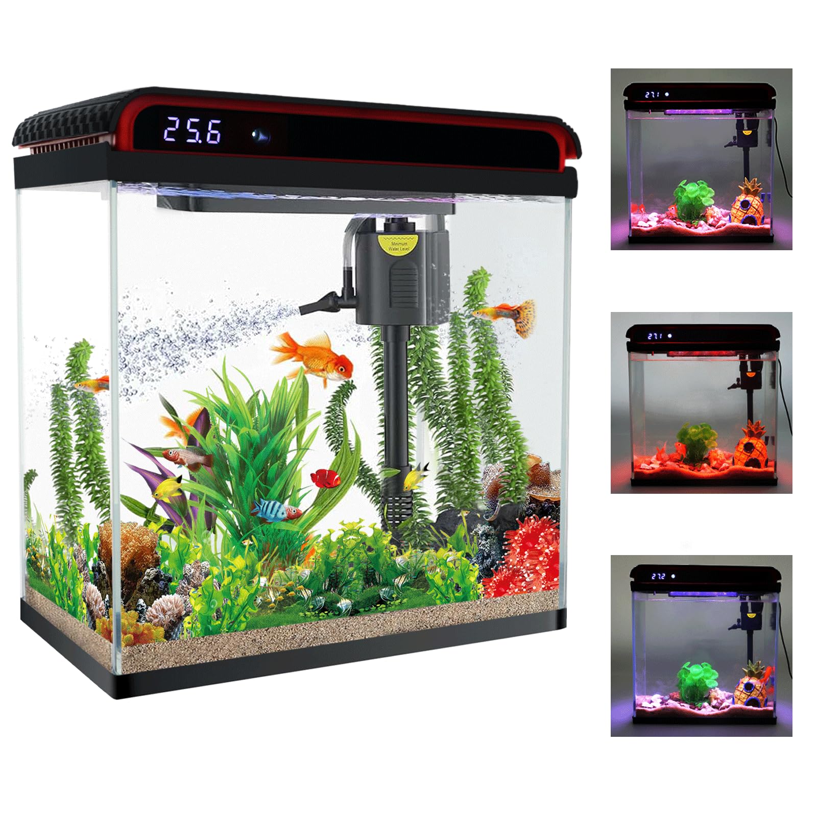 Betta Fish Tank, 5 Gallon Glass Aquarium, Small Fish Tank with Filter and 3 LED Plant Lights and Water Temperature Detection System, Betta Shrimp Guppy Jellyfish Starter kit self Cleaning Fish Tank
