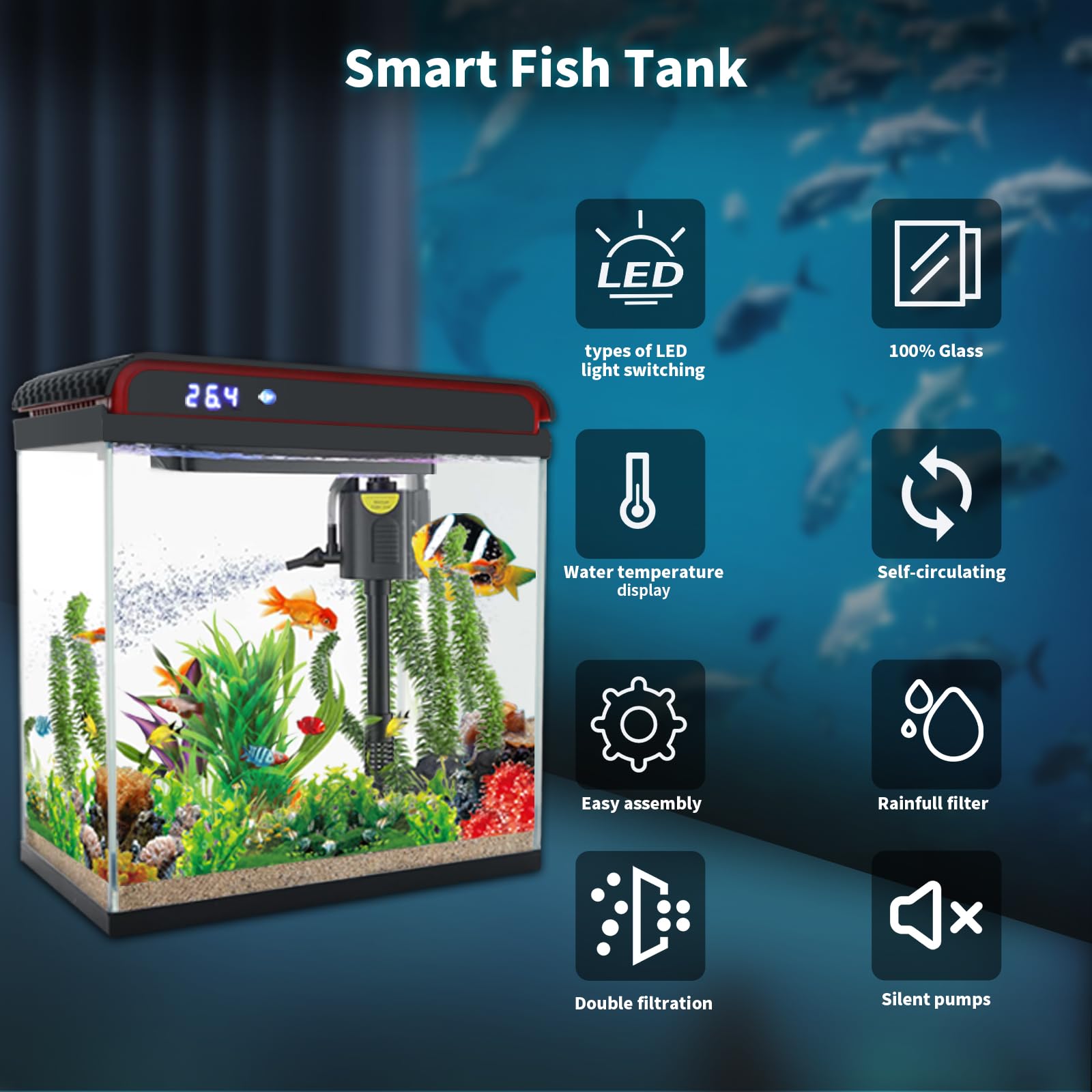 Betta Fish Tank, 5 Gallon Glass Aquarium, Small Fish Tank with Filter and 3 LED Plant Lights and Water Temperature Detection System, Betta Shrimp Guppy Jellyfish Starter kit self Cleaning Fish Tank