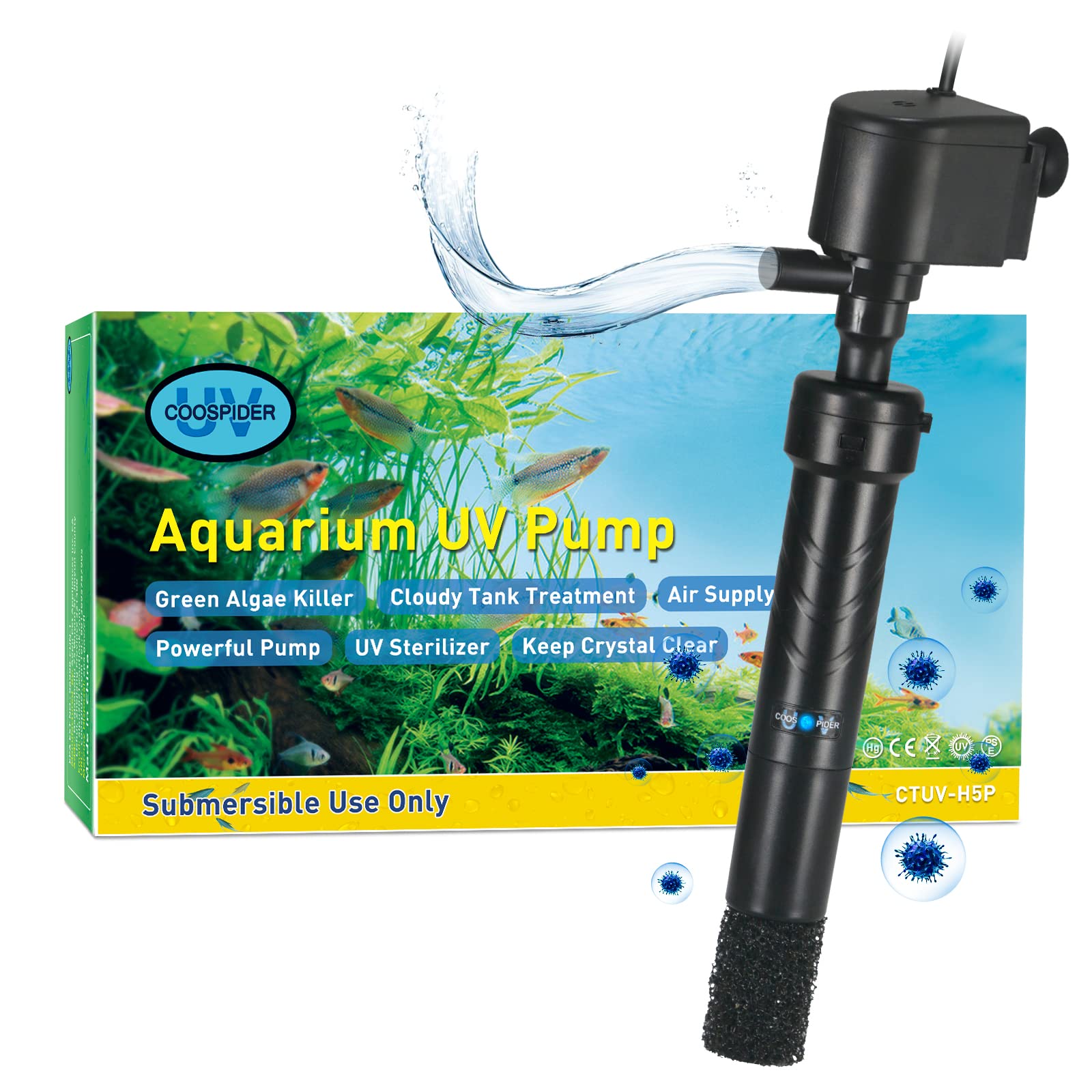 COOSPIDER Aquarium U-V Filter Green Clean Machine for 40-100 Gallon Fish Tank Crystal Clear 300GPH Submersible Water Pump Air Supply Wave Maker Green Killing