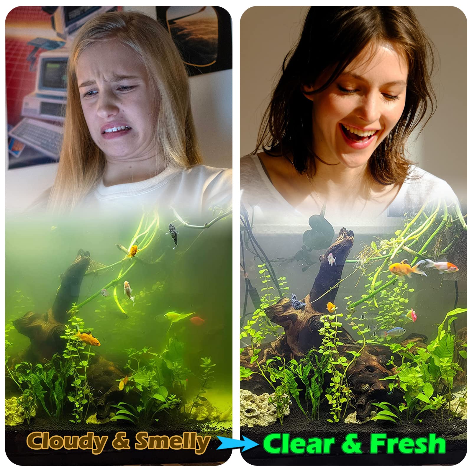 COOSPIDER Aquarium U-V Filter Green Clean Machine for 40-100 Gallon Fish Tank Crystal Clear 300GPH Submersible Water Pump Air Supply Wave Maker Green Killing
